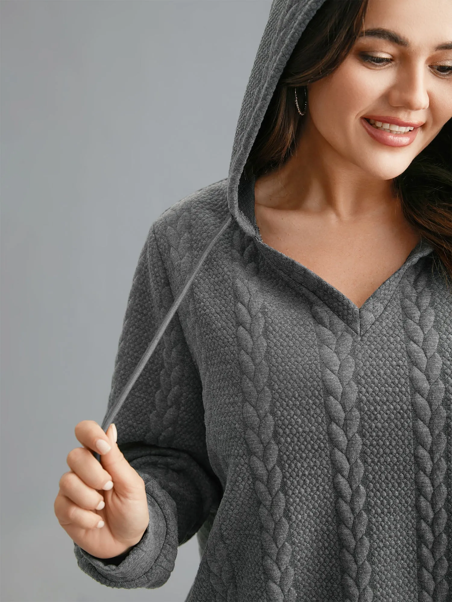 Cable Knit V-Neck Ribbed Hem Hoodie sold by Bloomchic product image thumbnail 4