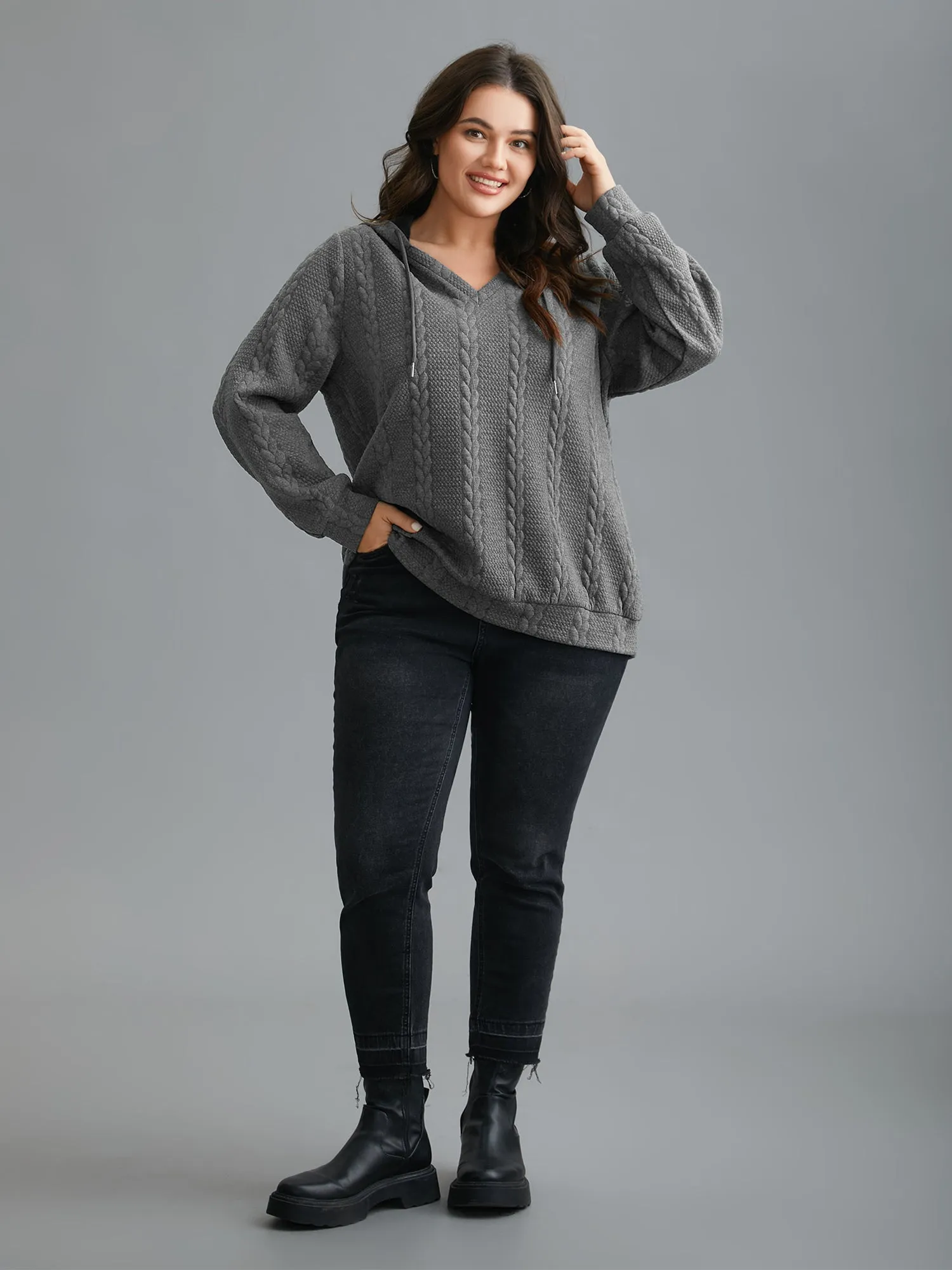 Cable Knit V-Neck Ribbed Hem Hoodie sold by Bloomchic product image thumbnail 3