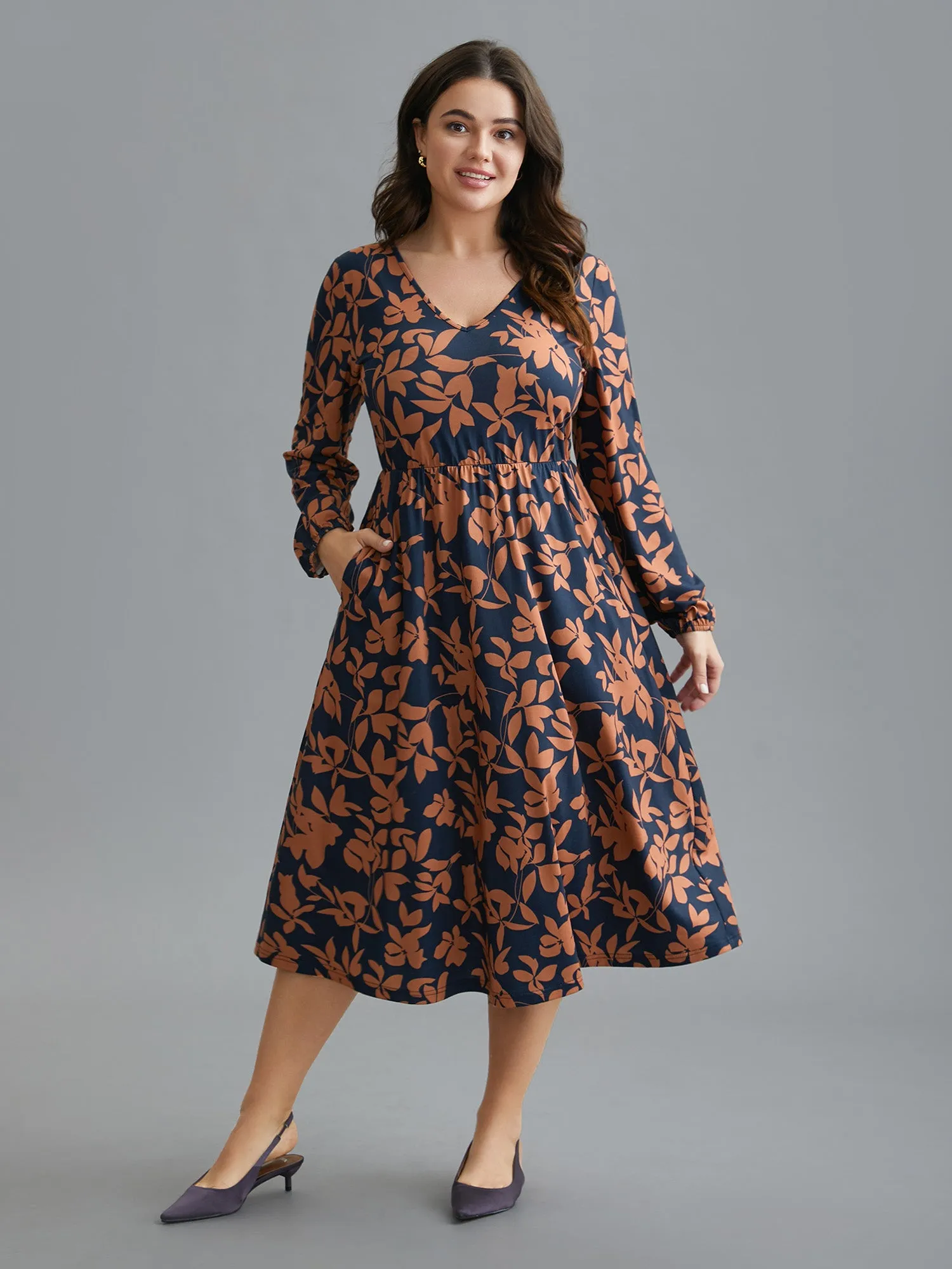 Autumn Leaves Print Fit-and-Flare Midi Dress sold by Bloomchic