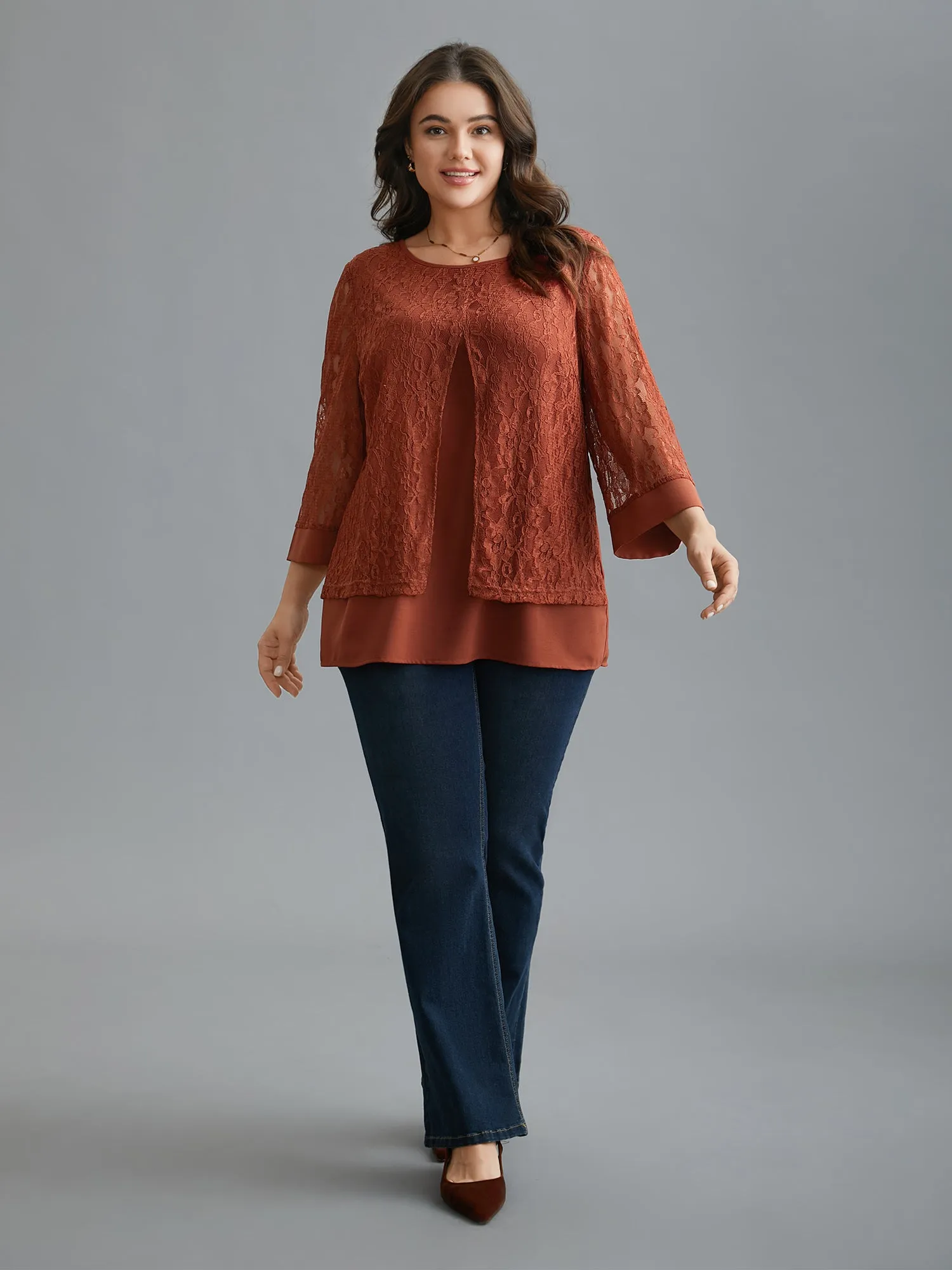 Sheer Lace Sleeve Open-Front Design Blouse sold by Bloomchic product image thumbnail 2