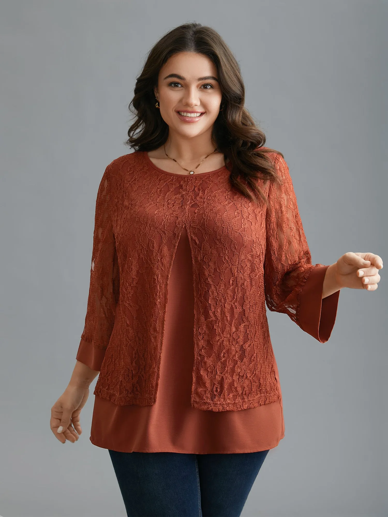 Sheer Lace Sleeve Open-Front Design Blouse sold by Bloomchic product image thumbnail 3