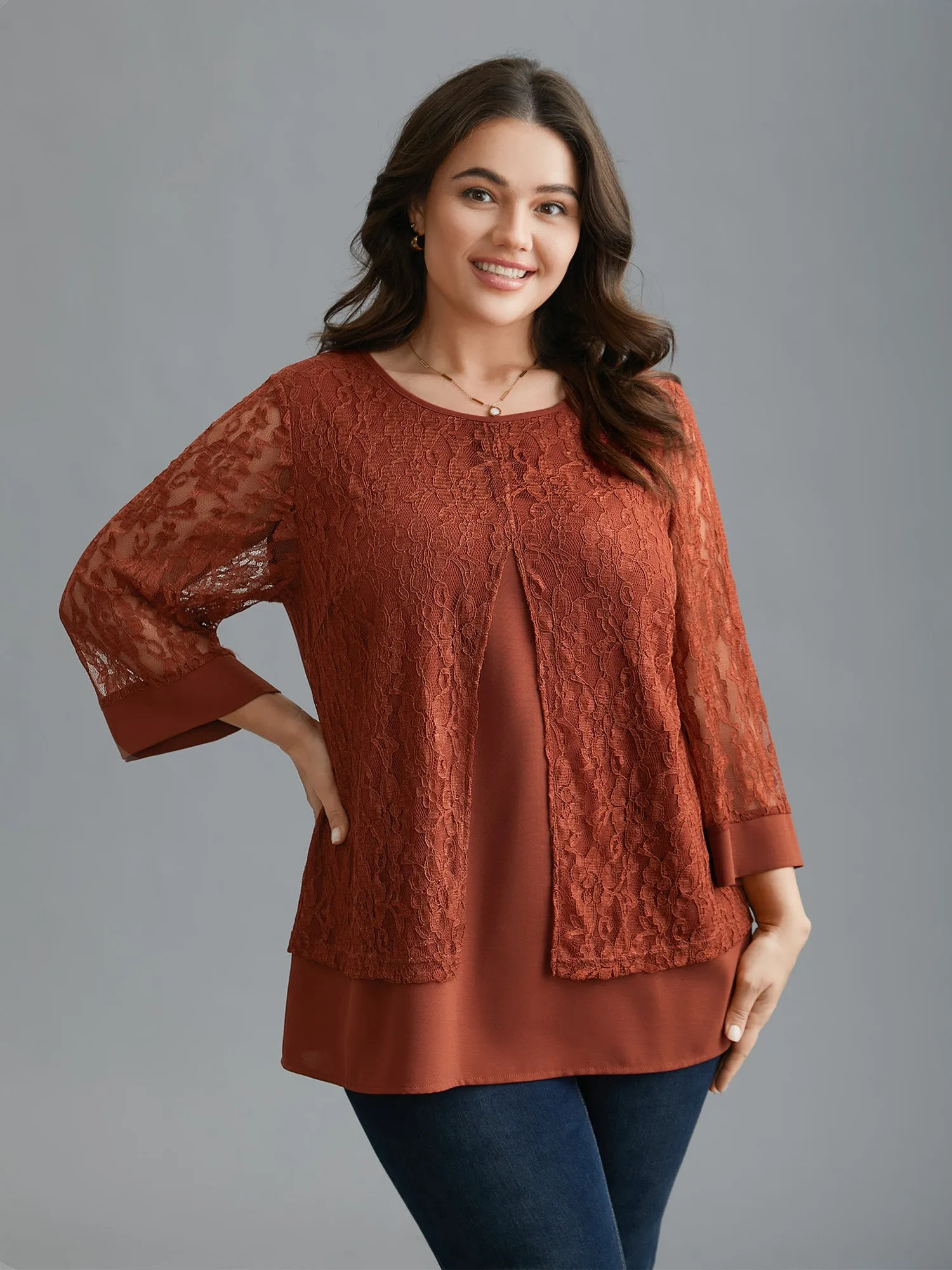 Sheer Lace Sleeve Open-Front Design Blouse sold by Bloomchic
