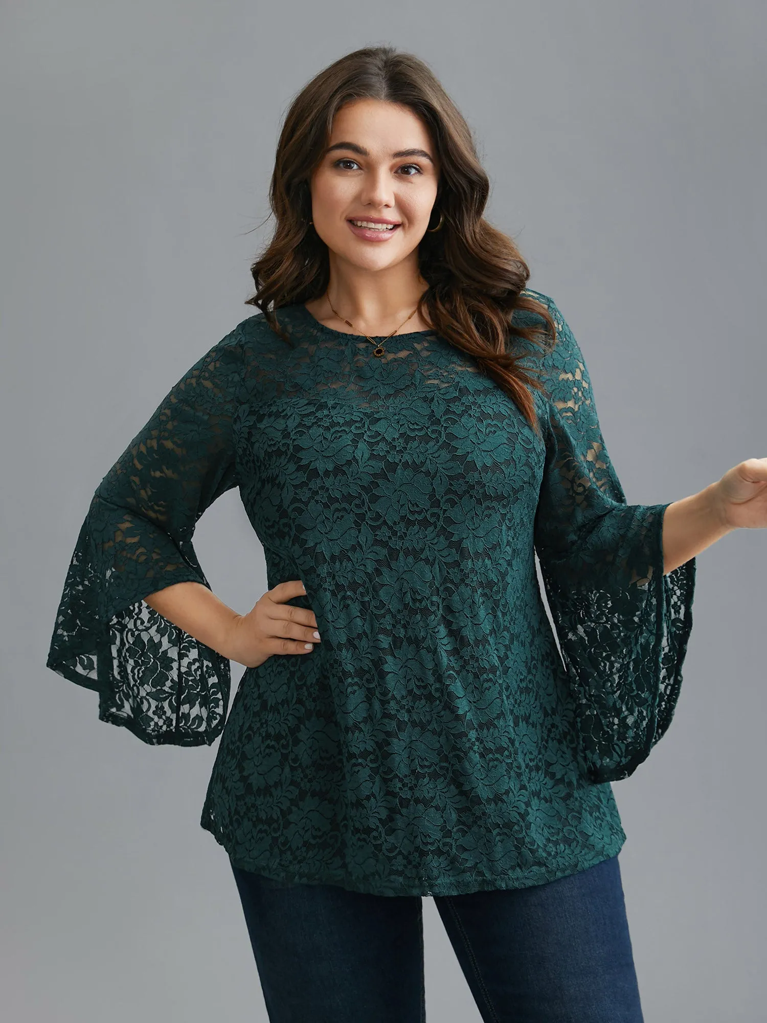 Sheer Lace Irregular Sleeve Lined Shirt sold by Bloomchic