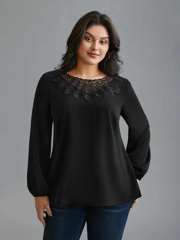 Lace Trim Sheer Neckline Blouse sold by Bloomchic