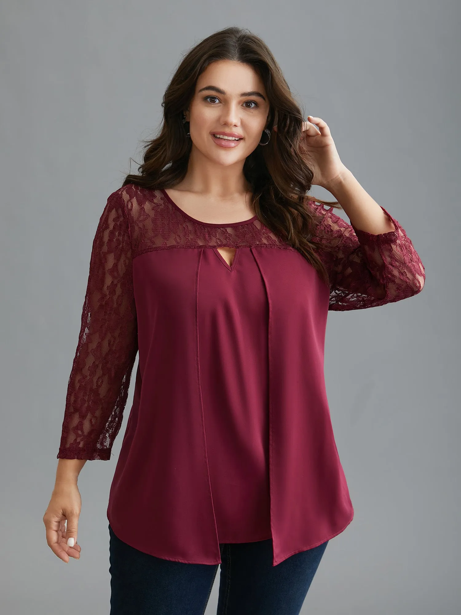Sheer Lace Sleeve Neck Cut-Out Shirt sold by Bloomchic product image thumbnail 4