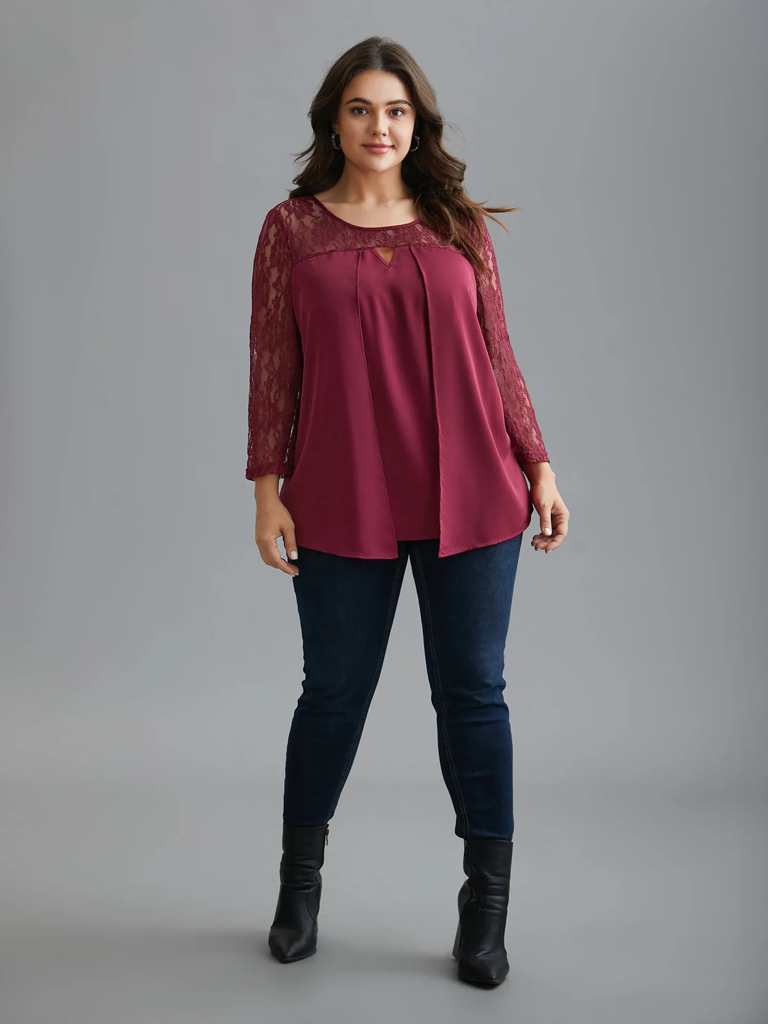 Sheer Lace Sleeve Neck Cut-Out Shirt sold by Bloomchic product image thumbnail 2