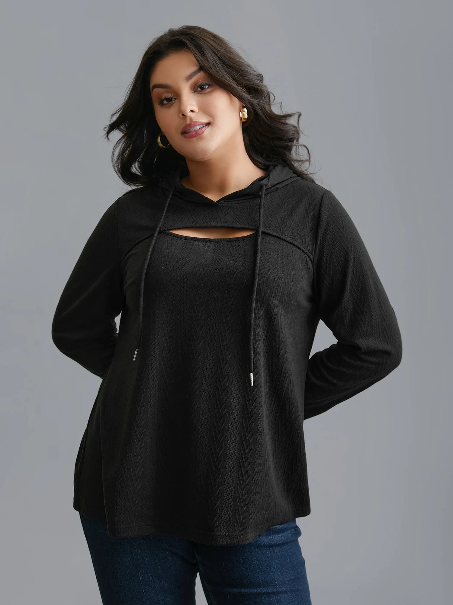 Neck Cut-Out Elastic Textured Hoodie sold by Bloomchic product image thumbnail 3