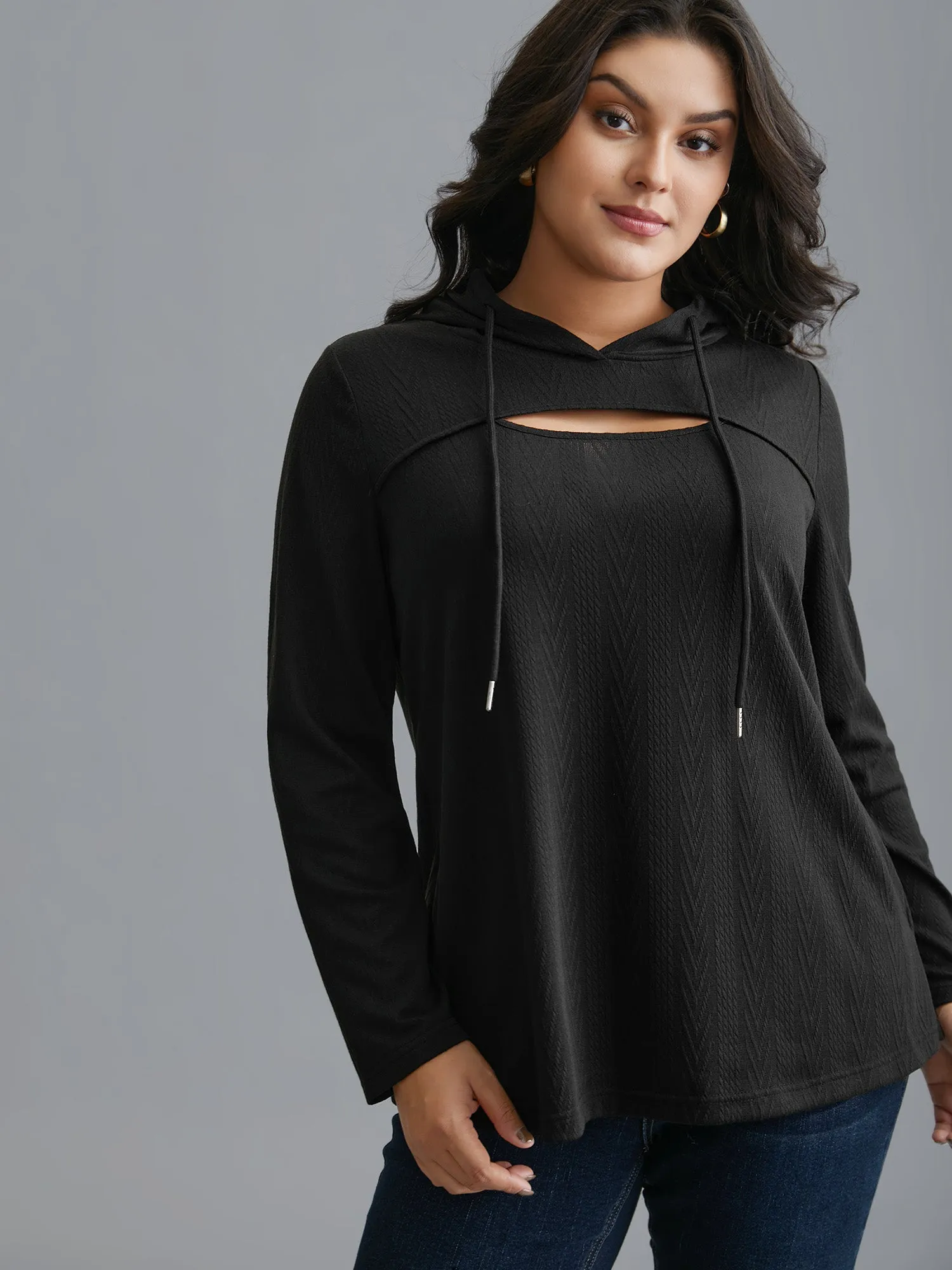 Neck Cut-Out Elastic Textured Hoodie sold by Bloomchic