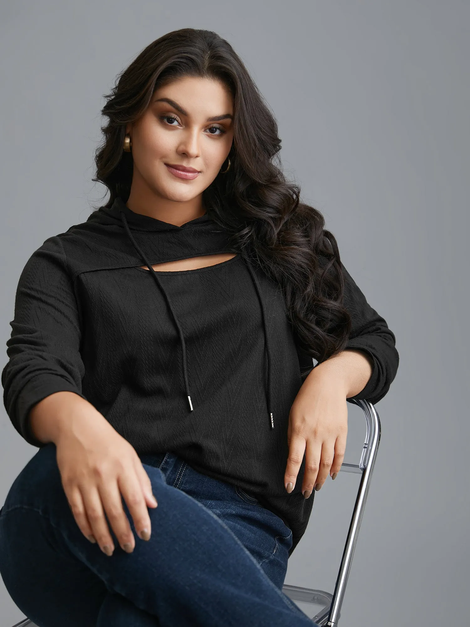 Neck Cut-Out Elastic Textured Hoodie sold by Bloomchic product image thumbnail 4