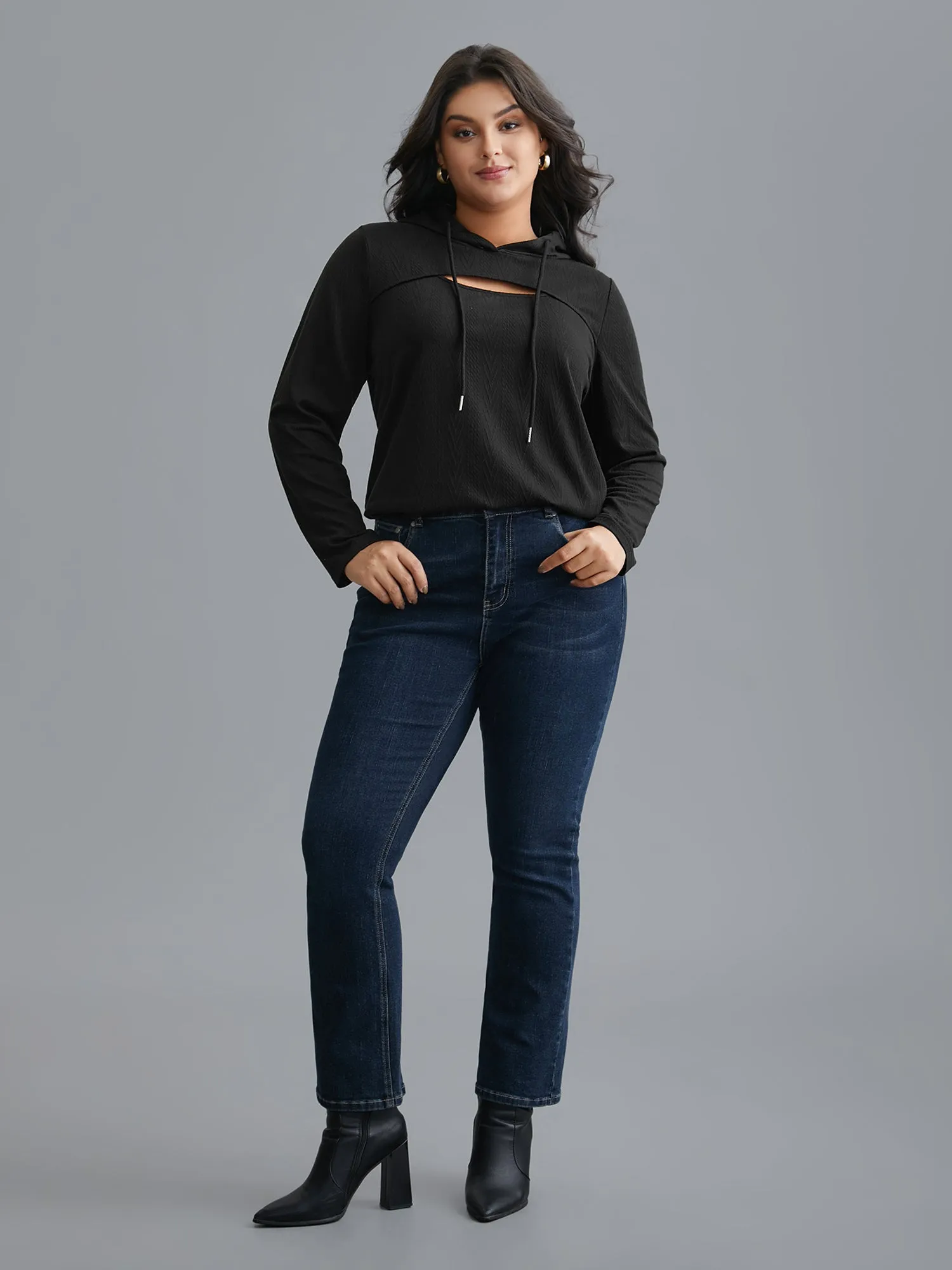 Neck Cut-Out Elastic Textured Hoodie sold by Bloomchic product image thumbnail 5