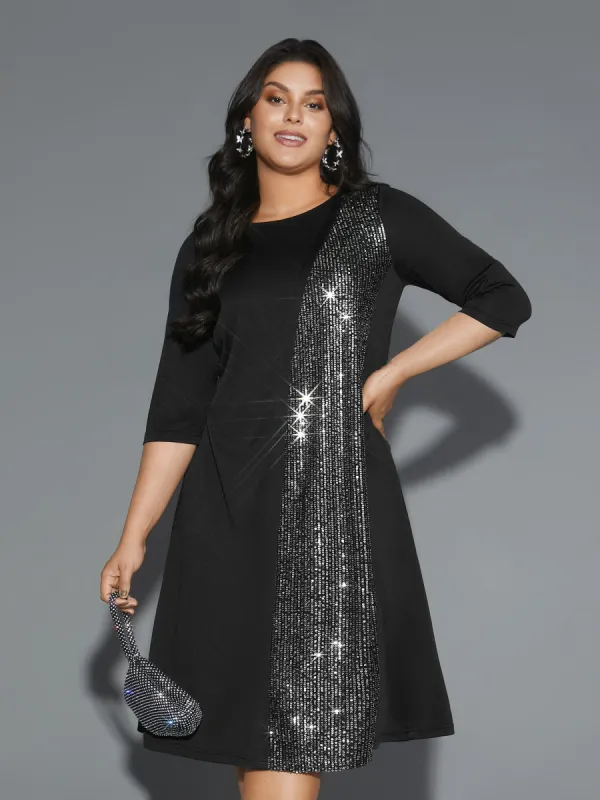 Round Neck Sequin Patchwork Midi Dress sold by Bloomchic