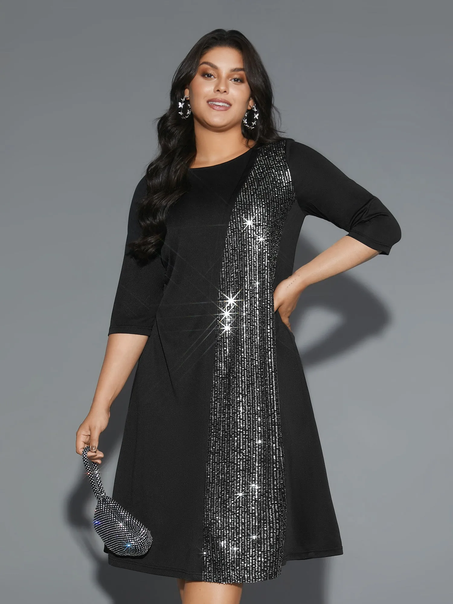 Round Neck Sequin Patchwork Midi Dress sold by Bloomchic