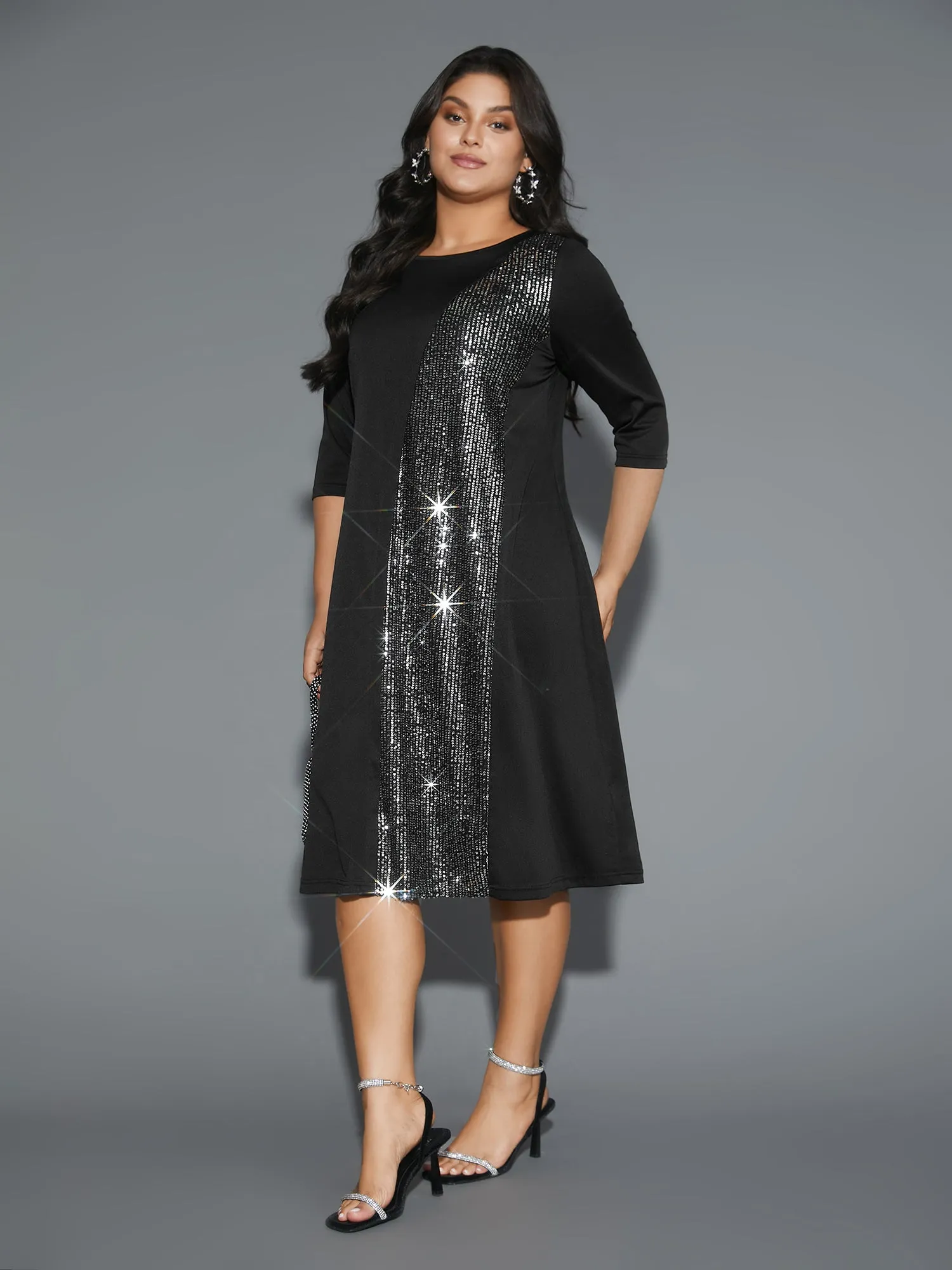 Round Neck Sequin Patchwork Midi Dress sold by Bloomchic product image thumbnail 3
