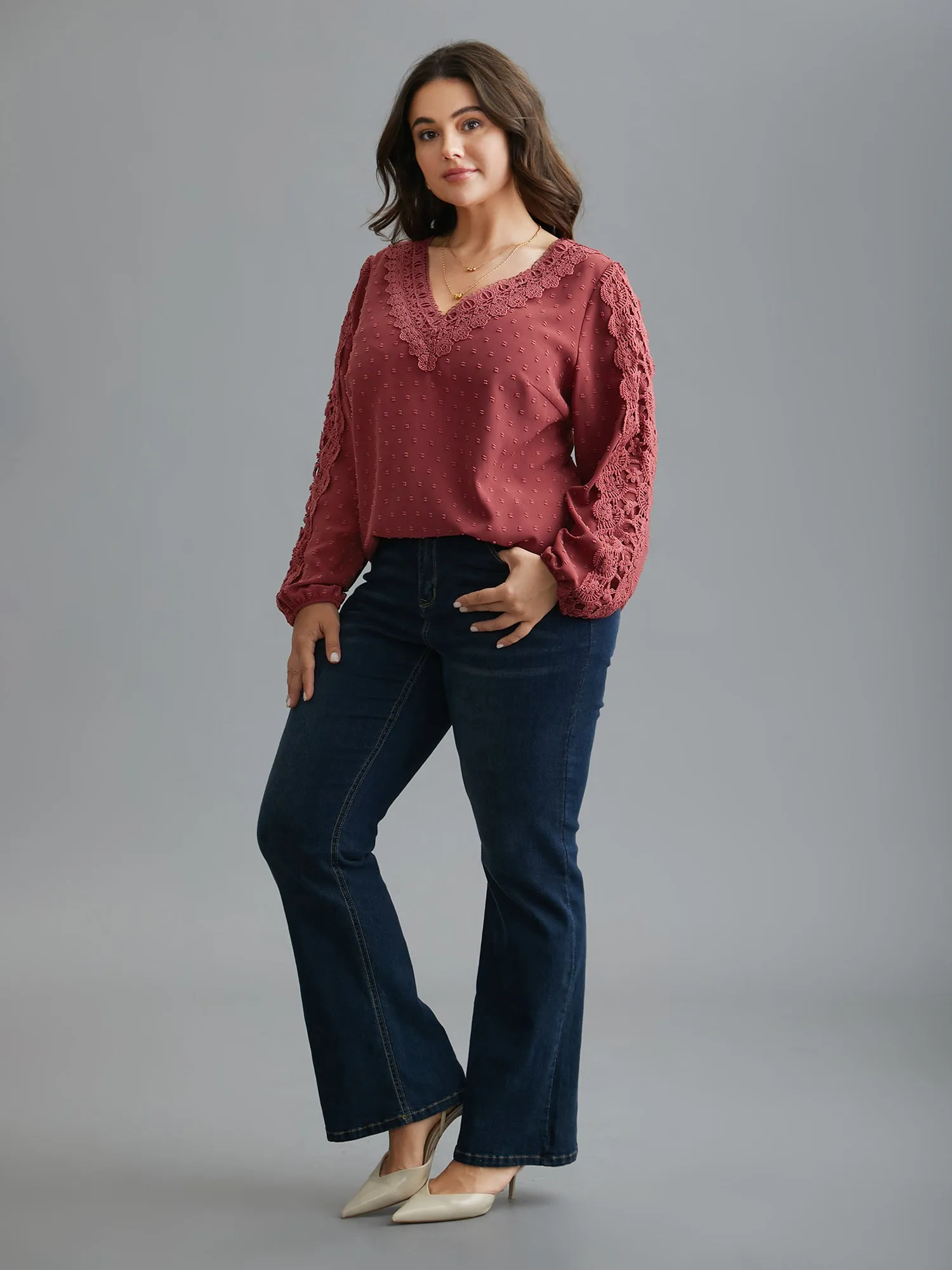 Lace Trim V-Neck Textured Blouse sold by Bloomchic product image thumbnail 2