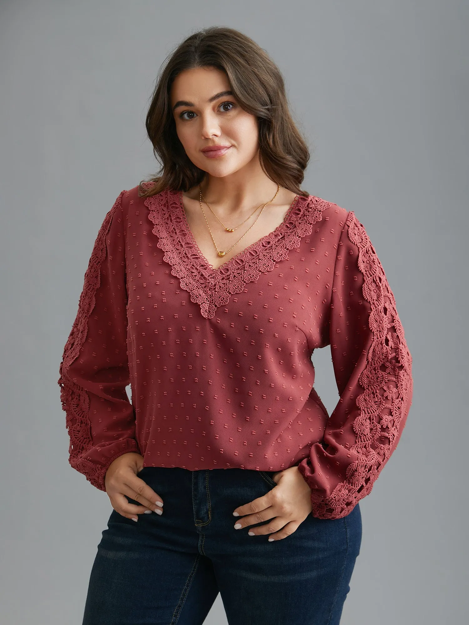 Lace Trim V-Neck Textured Blouse sold by Bloomchic product image thumbnail 4