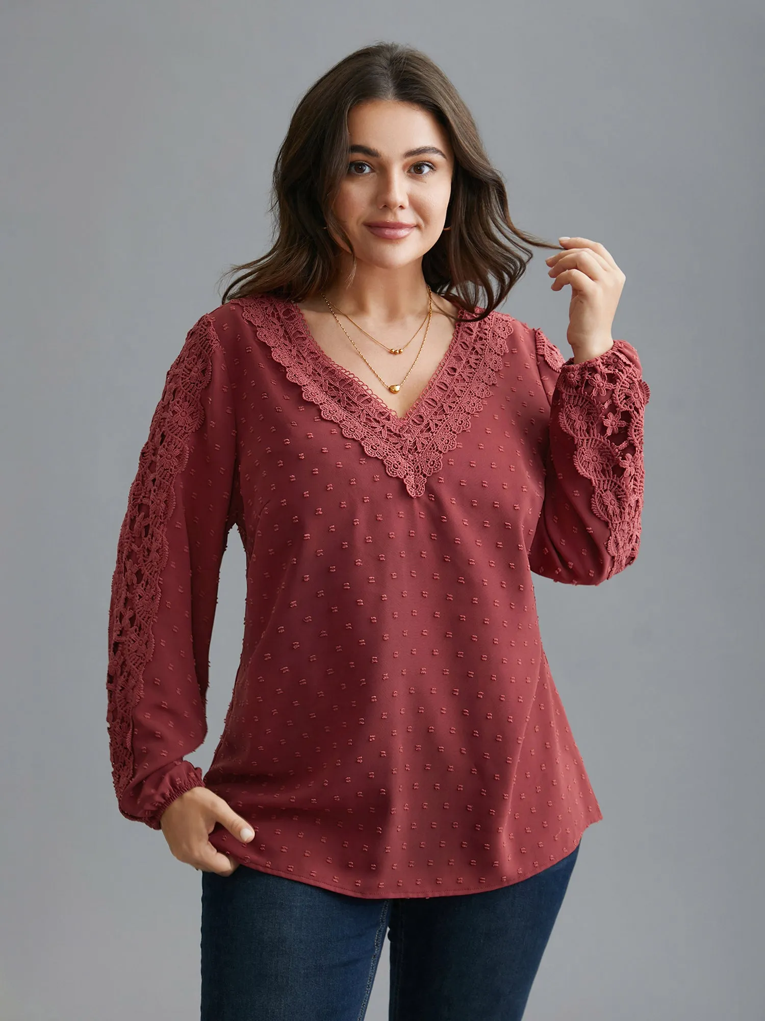 Lace Trim V-Neck Textured Blouse sold by Bloomchic product image thumbnail 3
