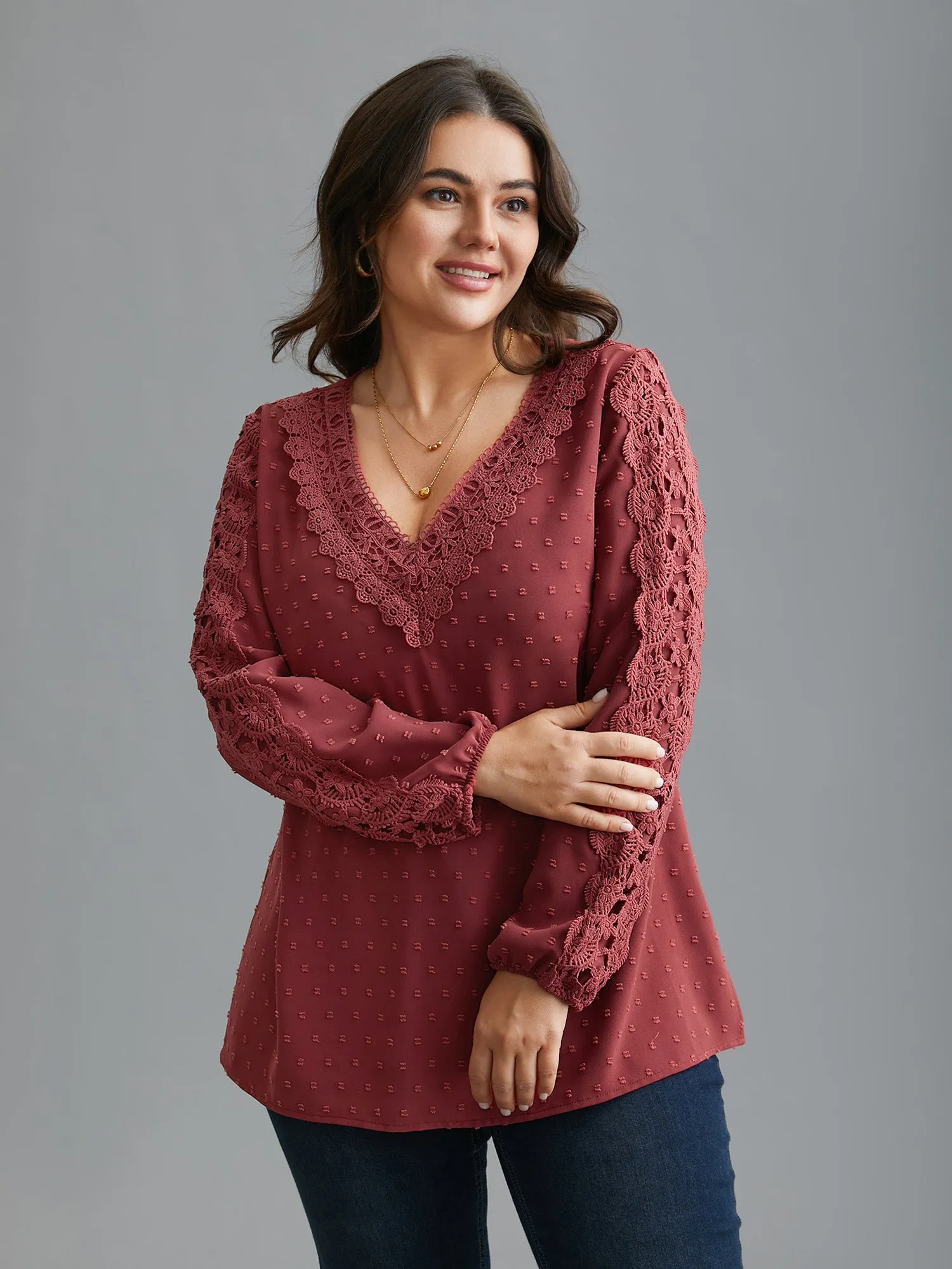 Lace Trim V-Neck Textured Blouse sold by Bloomchic