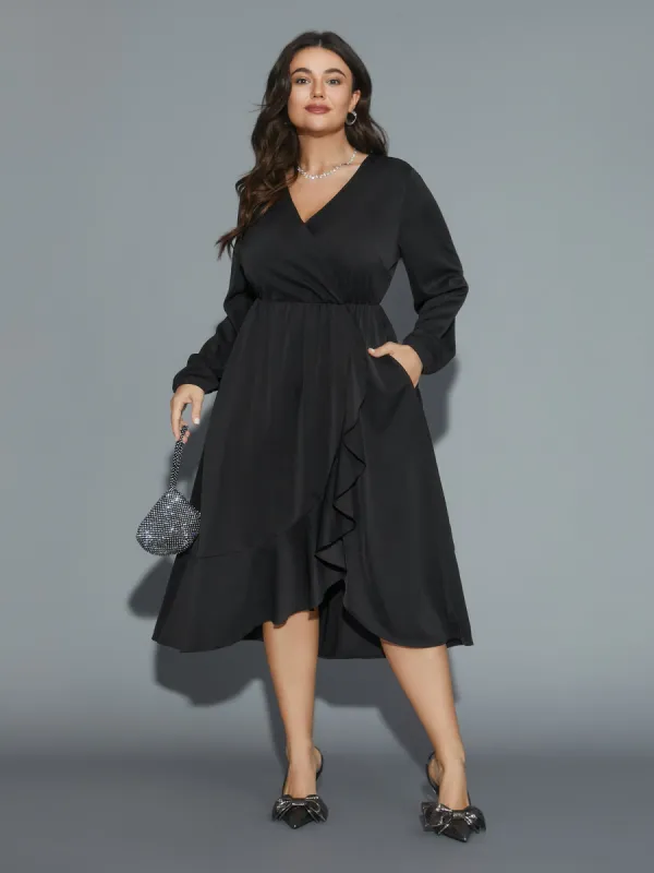 Plain Overlap Collar Ruffle Trim Dress sold by Bloomchic