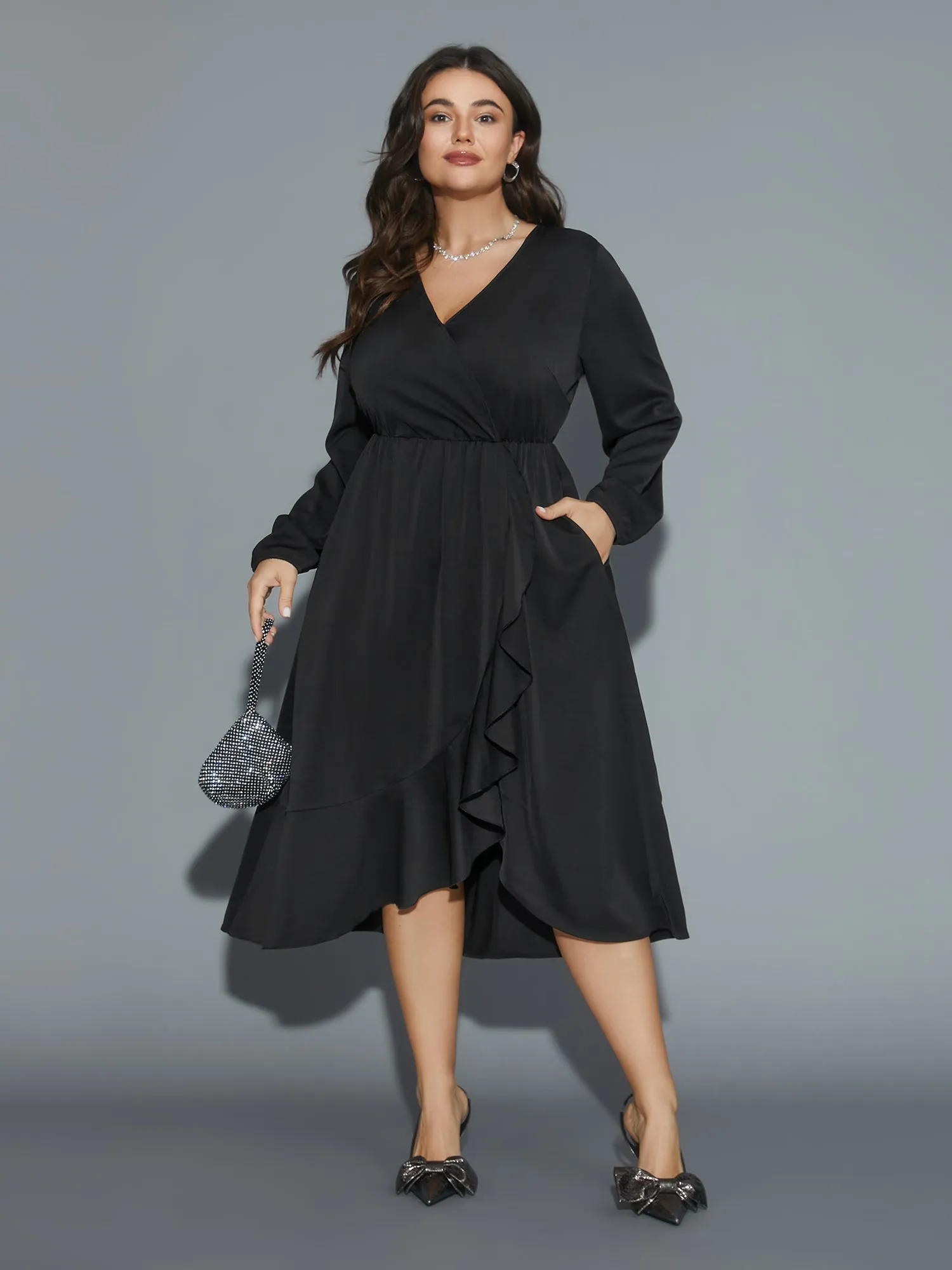 Plain Overlap Collar Ruffle Trim Dress sold by Bloomchic