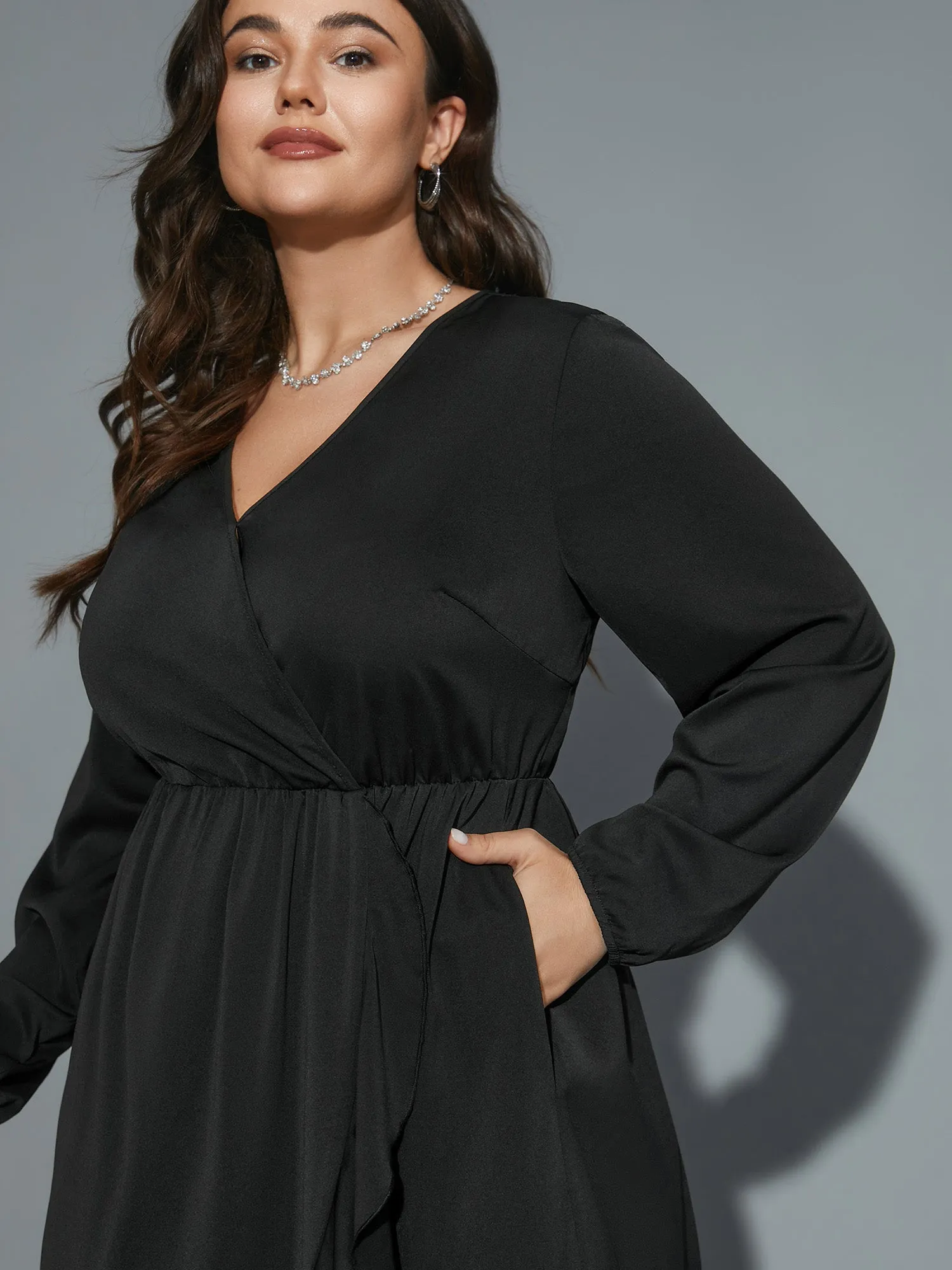 Plain Overlap Collar Ruffle Trim Dress sold by Bloomchic product image thumbnail 2