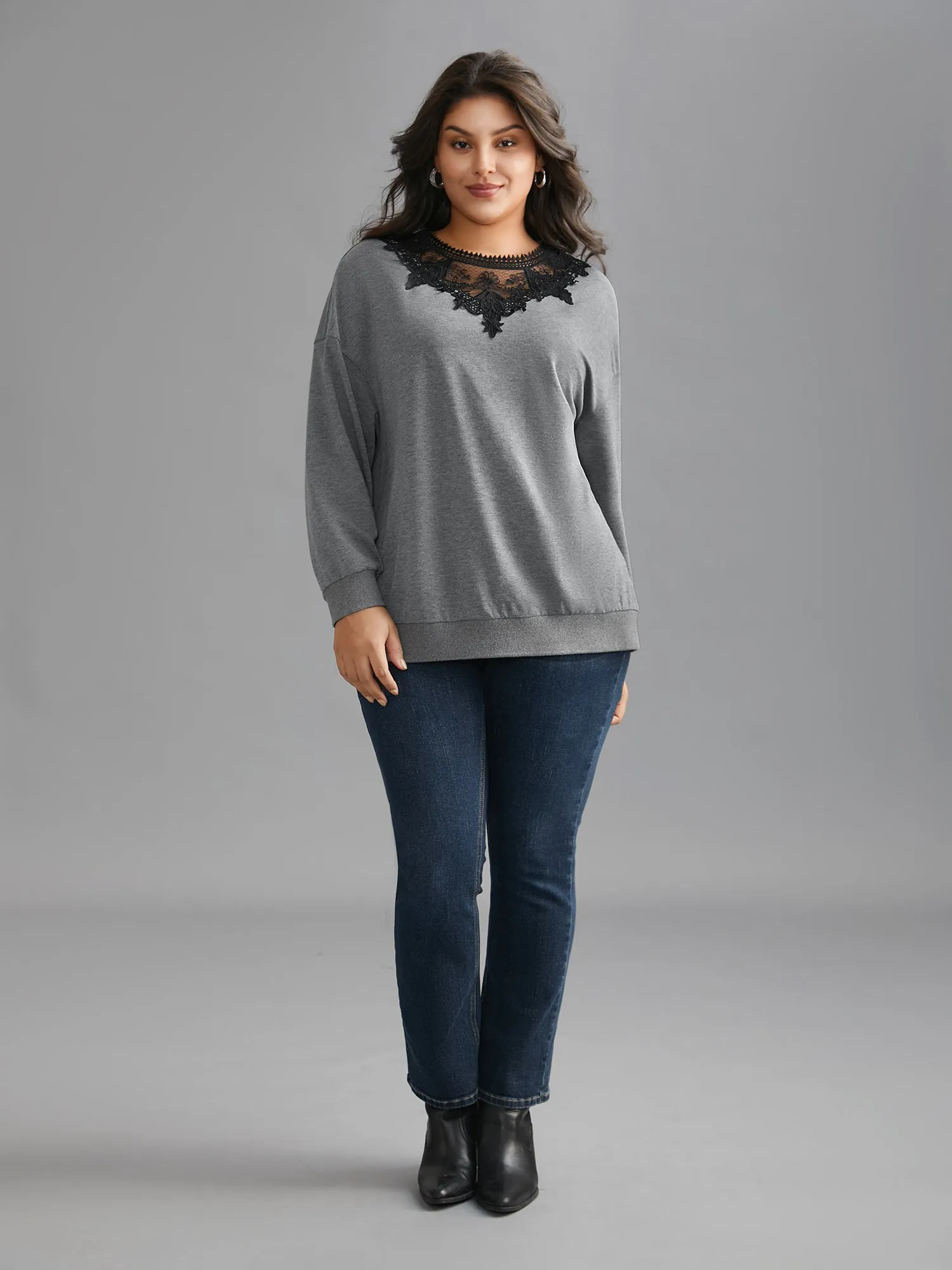 Lace Panel Round Neck Contrast Sweatshirt sold by Bloomchic product image thumbnail 3
