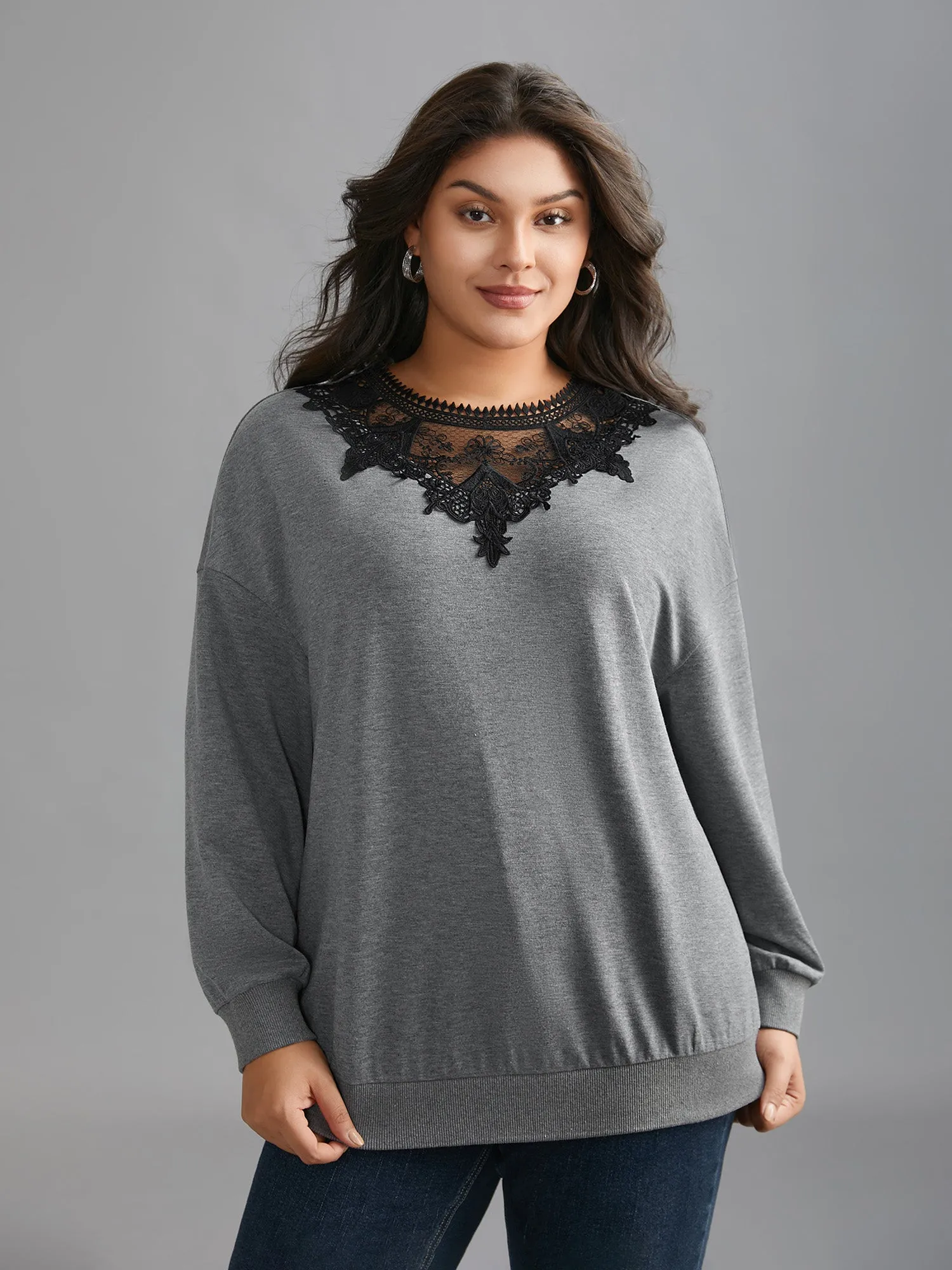 Lace Panel Round Neck Contrast Sweatshirt sold by Bloomchic