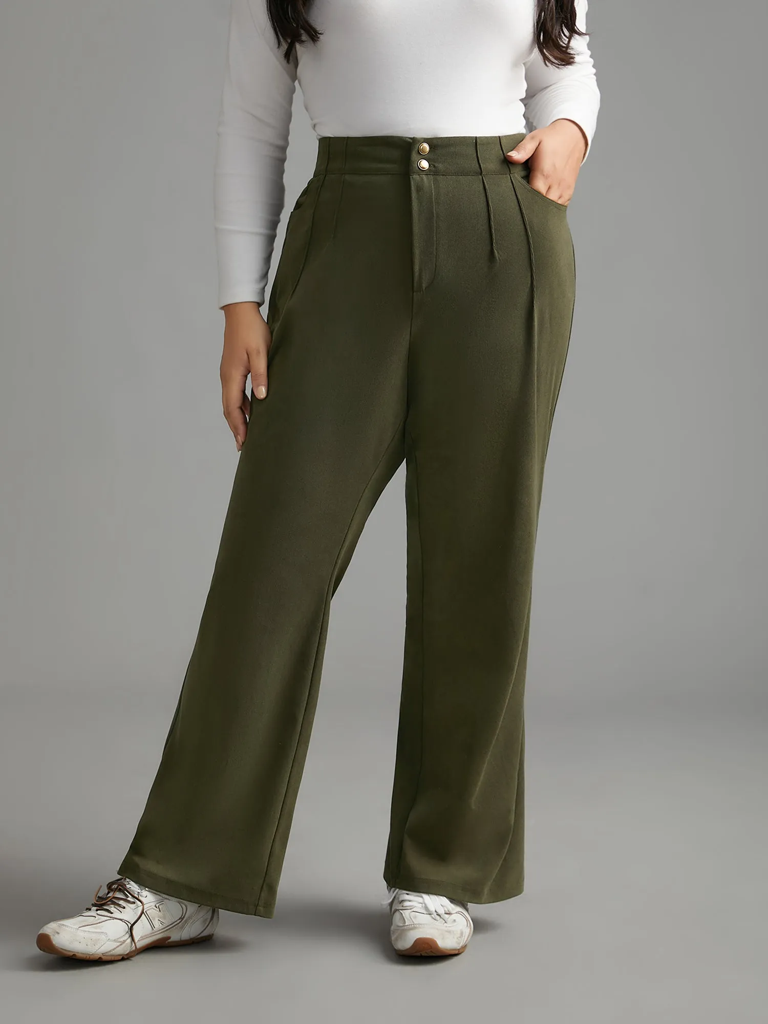 Mid Rise Double Breasted Pleated Bootcut Pants sold by Bloomchic