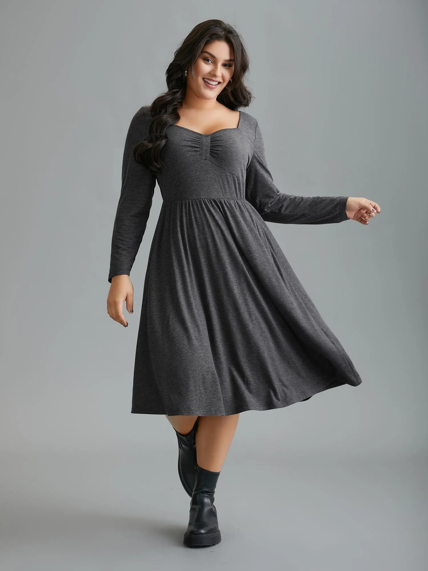 Heart Neckline Knit Gathered Midi Dress sold by Bloomchic
