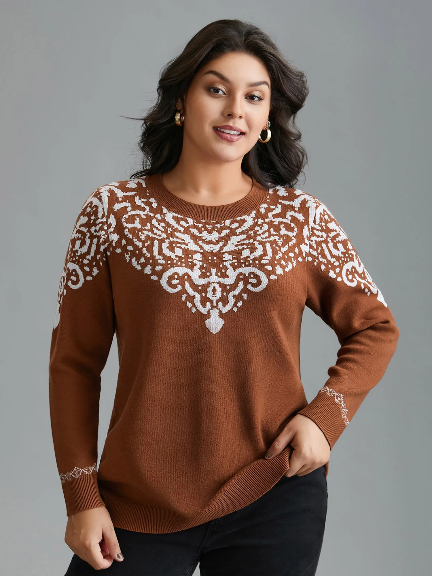 Bandana Jacquard Pattern Round Neck Pullover sold by Bloomchic