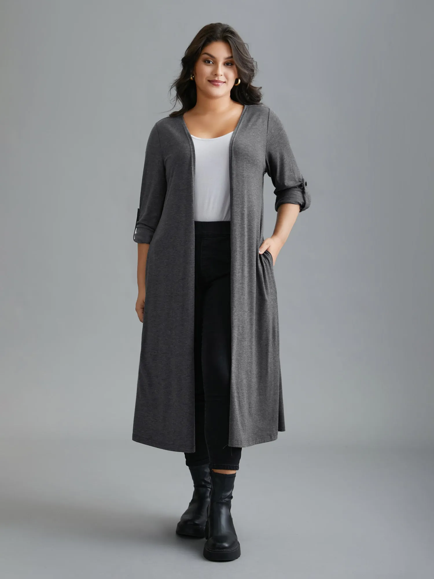 Solid Tab Sleeve Pocket Kimono sold by Bloomchic