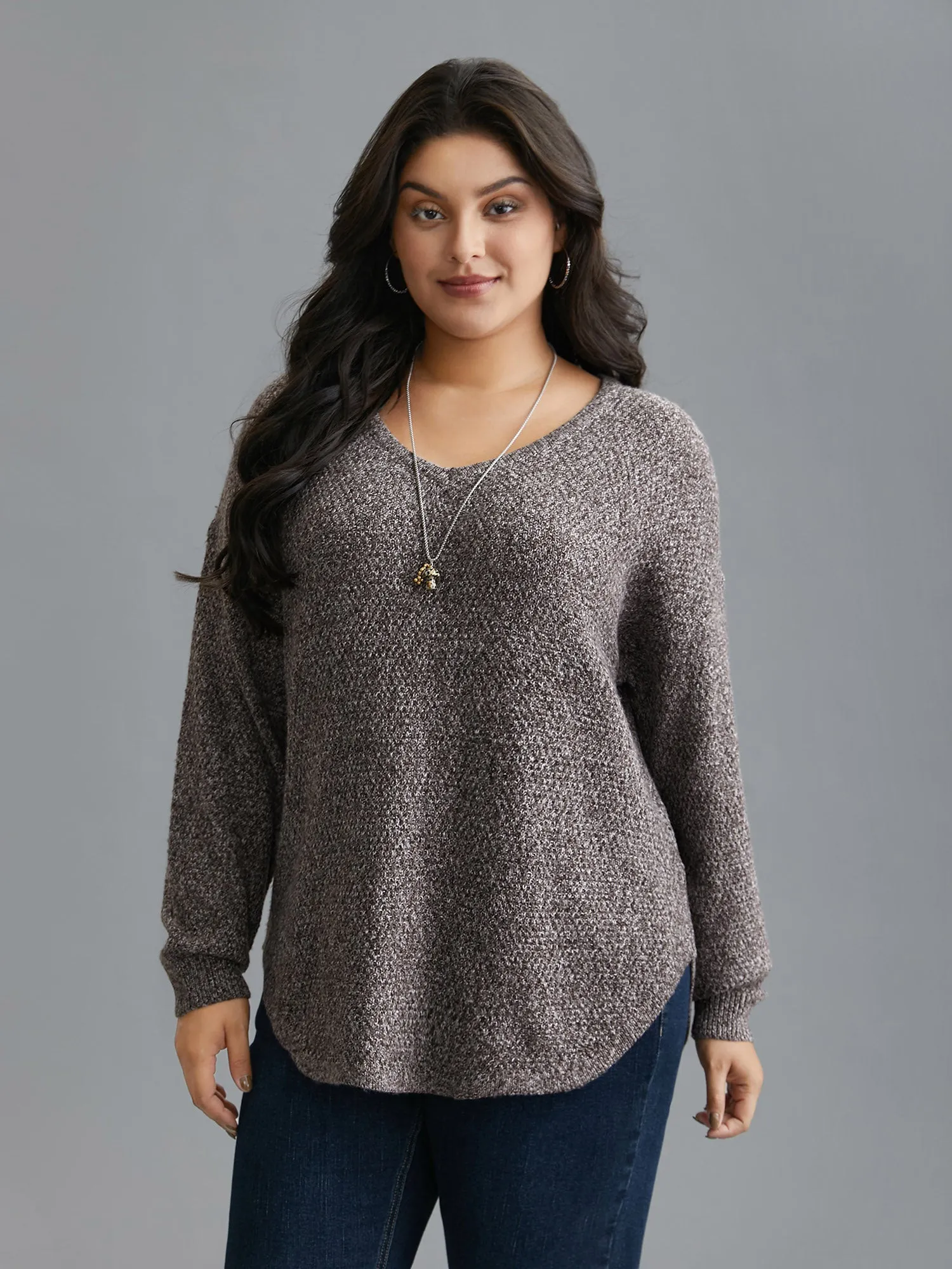 Textured V-Neck Curved Hem Pullover sold by Bloomchic product image thumbnail 4