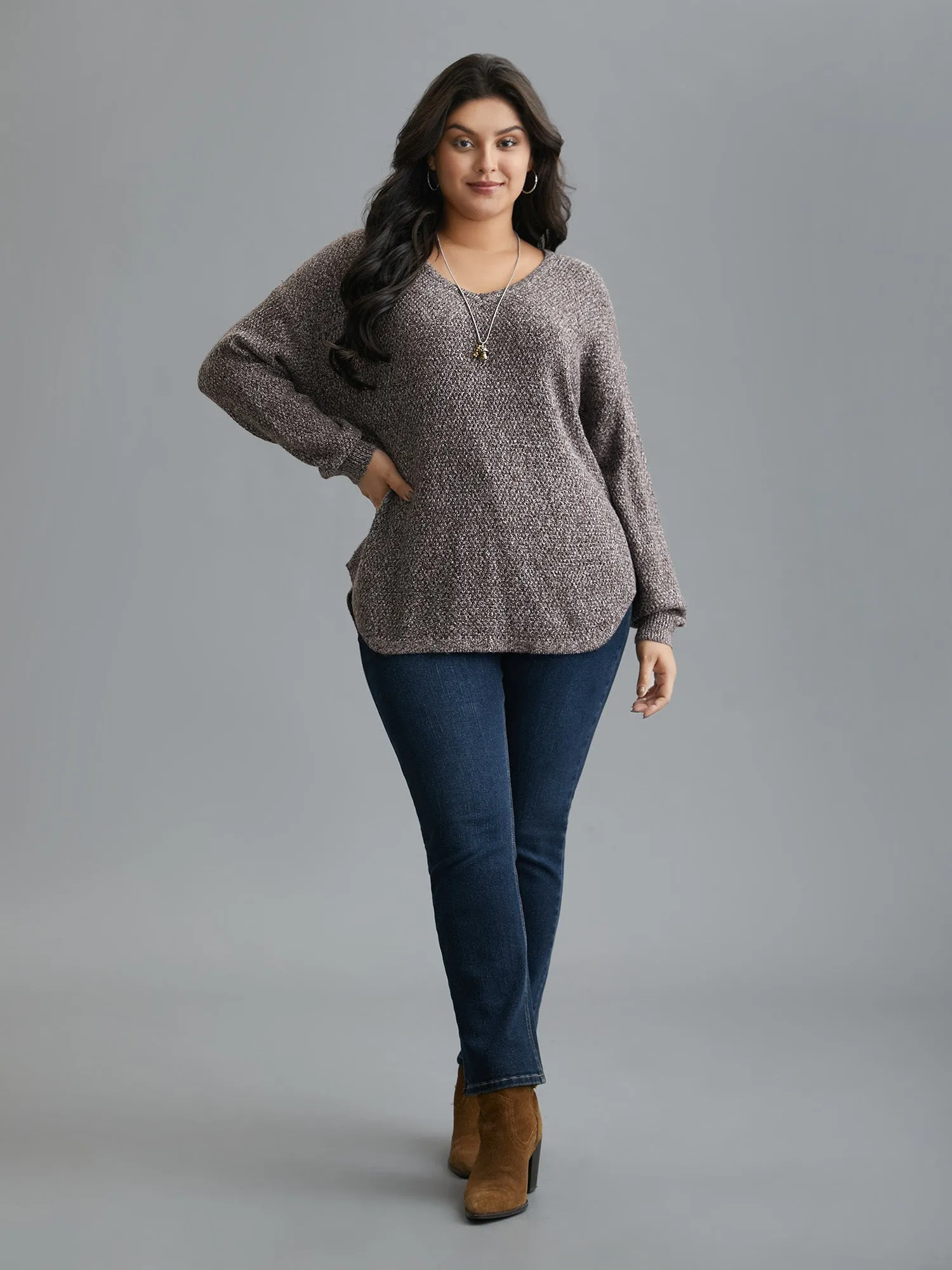 Textured V-Neck Curved Hem Pullover sold by Bloomchic product image thumbnail 3