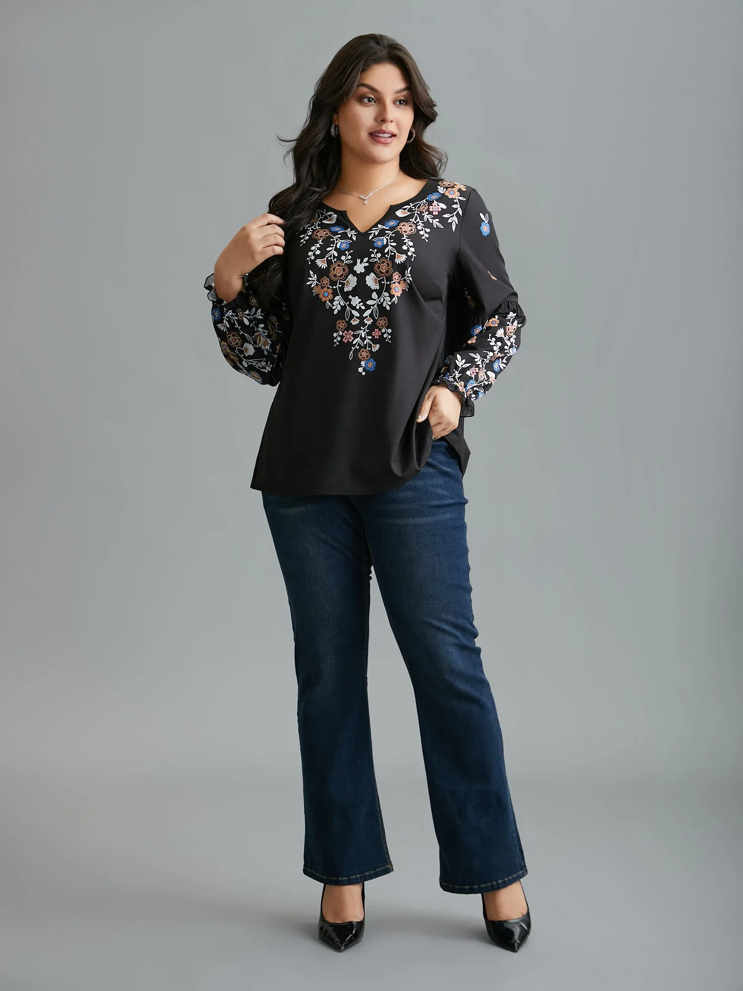 Floral Puffy Sleeve V-Neck Blouse sold by Bloomchic product image thumbnail 2