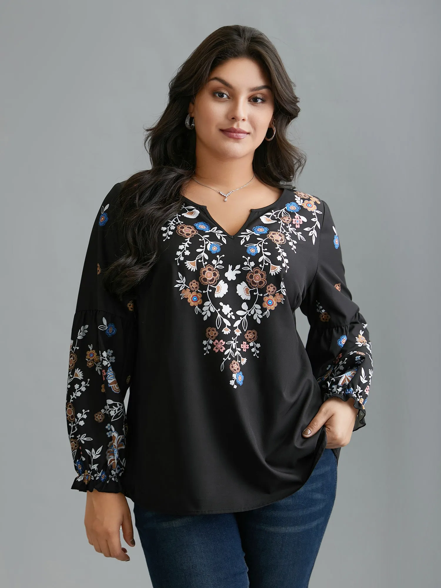 Floral Puffy Sleeve V-Neck Blouse sold by Bloomchic