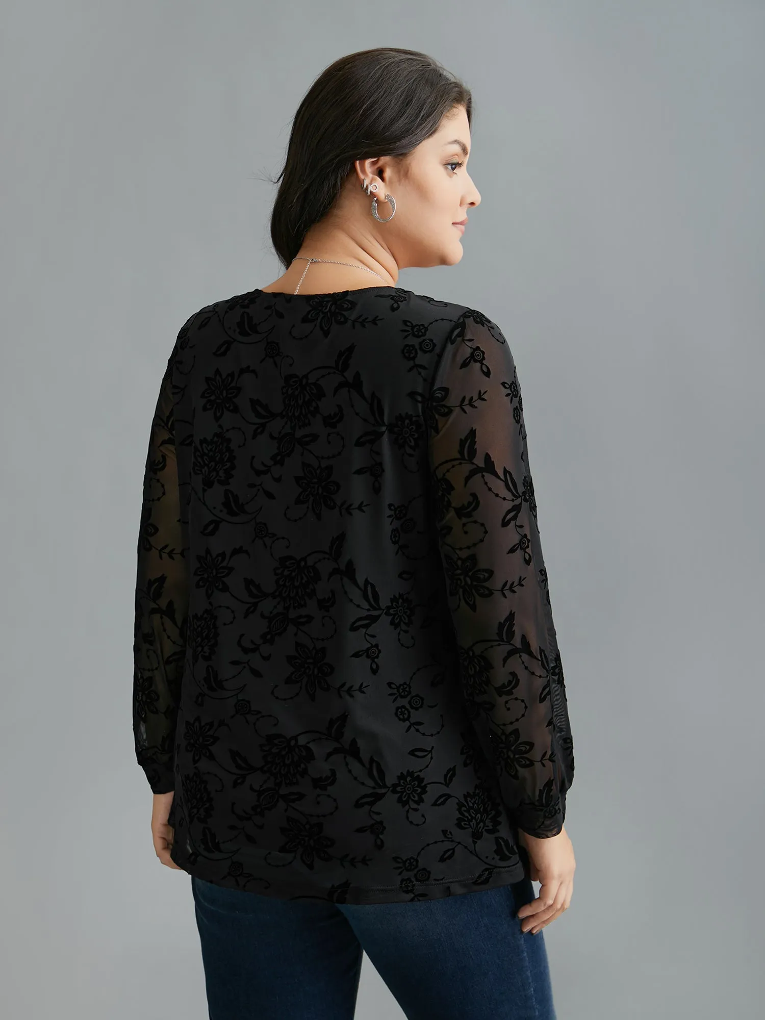 Floral Flocking Sheer Sleeve Lined Knit Top sold by Bloomchic product image thumbnail 5