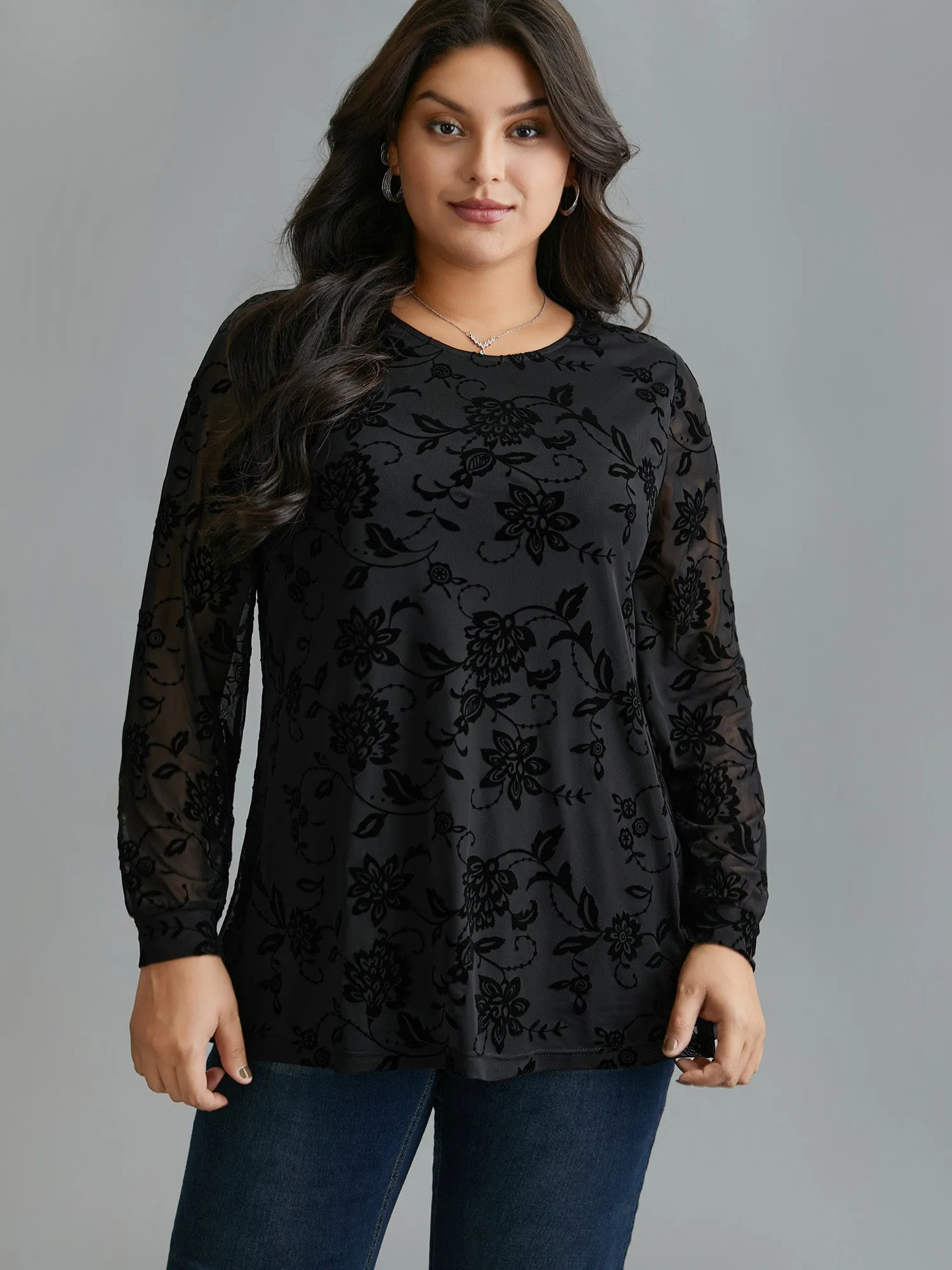 Floral Flocking Sheer Sleeve Lined Knit Top sold by Bloomchic product image thumbnail 4