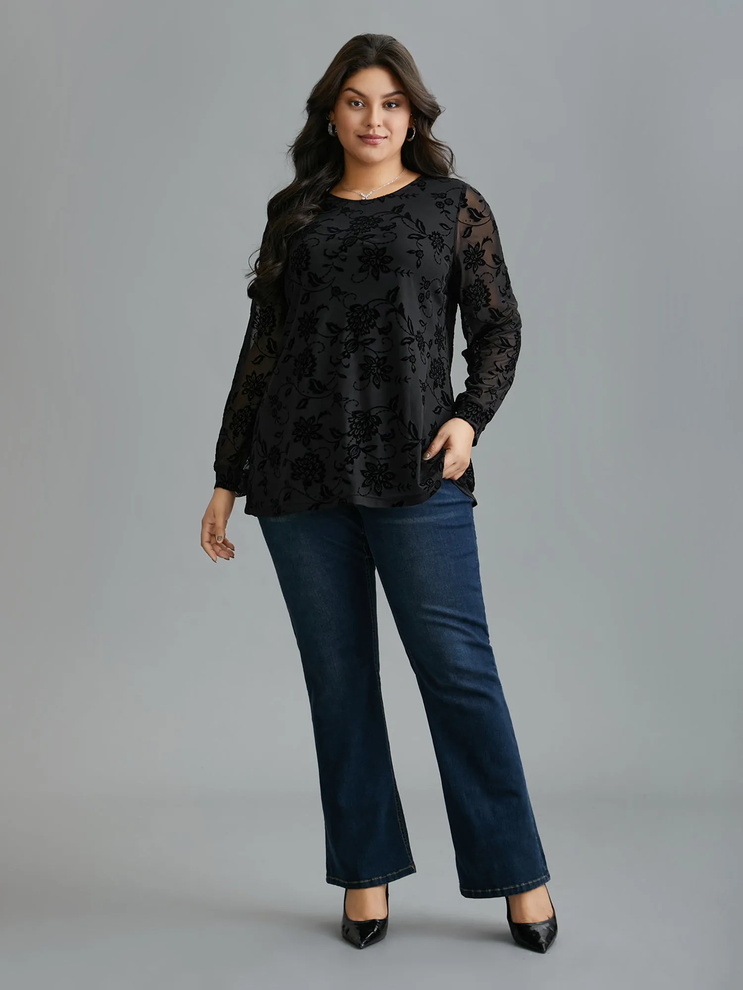 Floral Flocking Sheer Sleeve Lined Knit Top sold by Bloomchic product image thumbnail 2