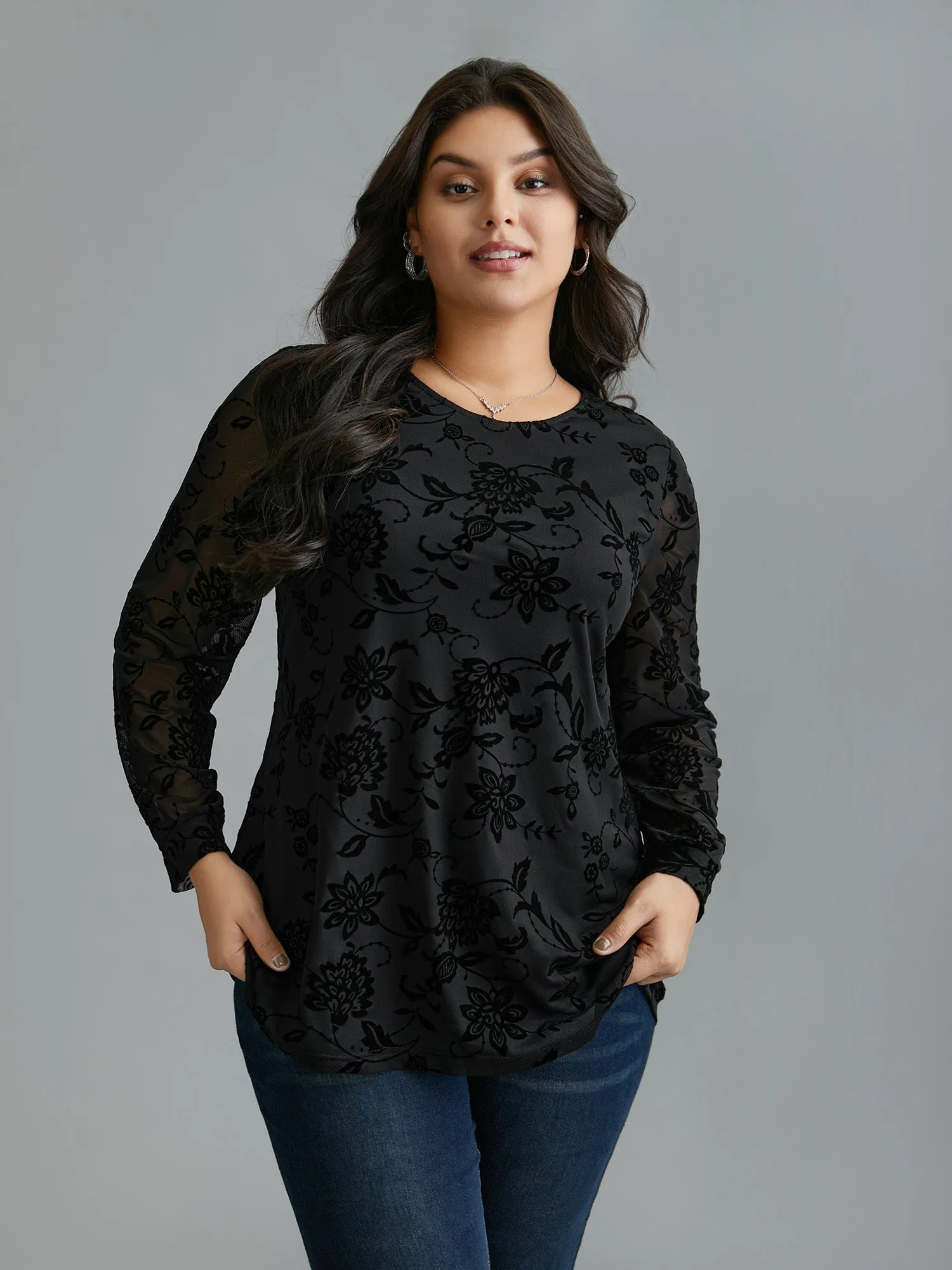 Floral Flocking Sheer Sleeve Lined Knit Top sold by Bloomchic