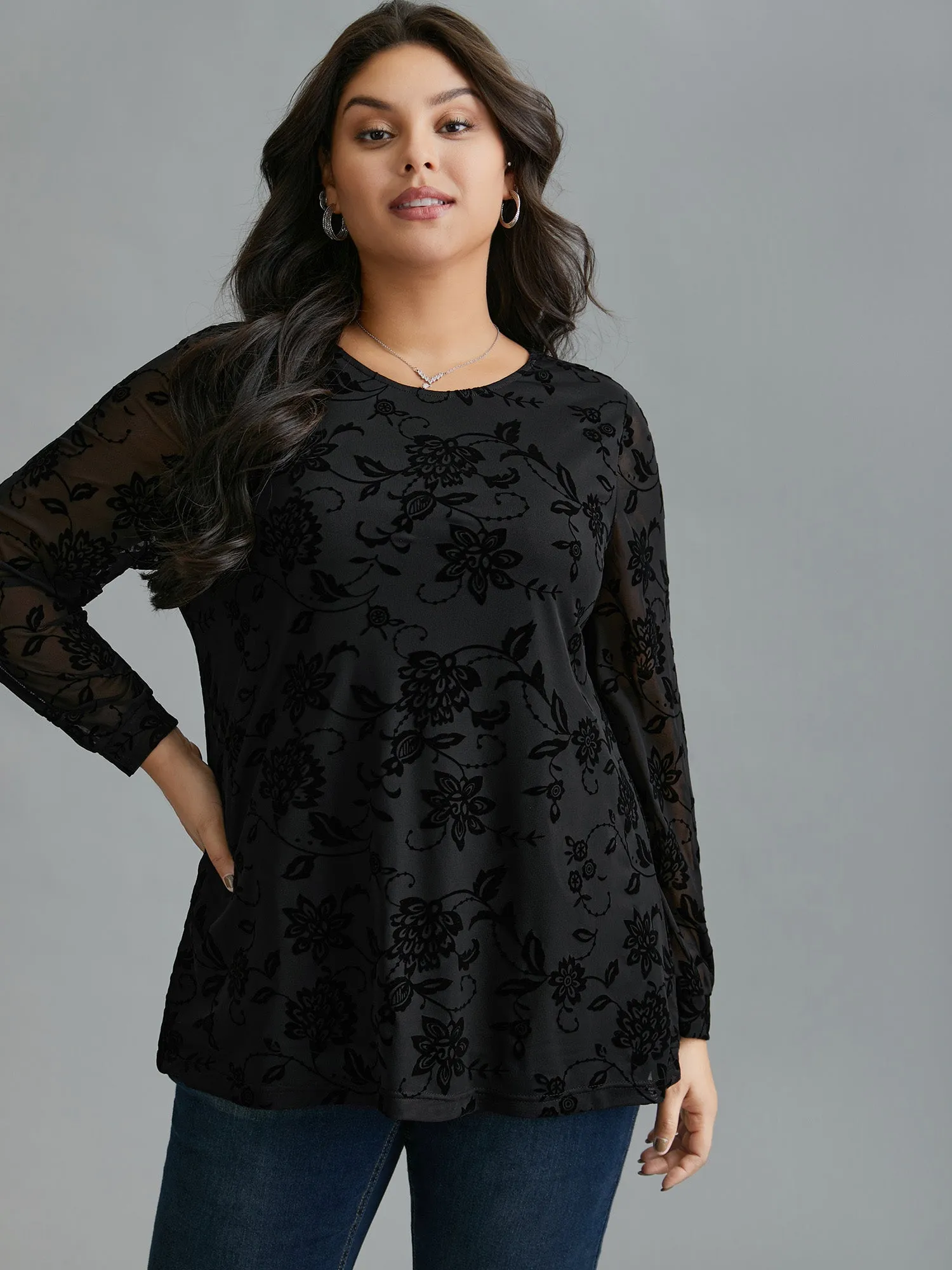 Floral Flocking Sheer Sleeve Lined Knit Top sold by Bloomchic product image thumbnail 3