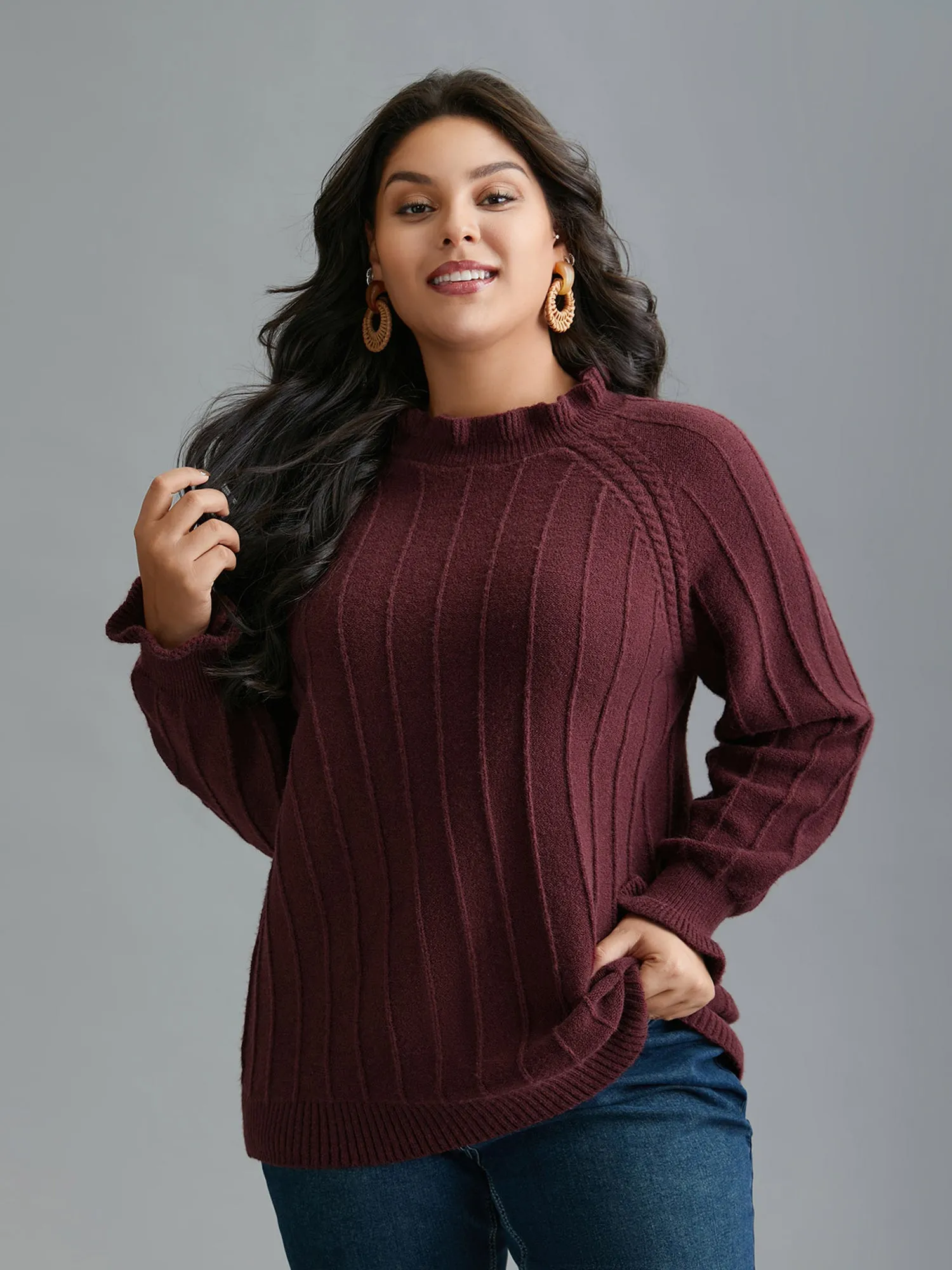 Supersoft Essentials Ruffles Neck Raglan Sleeve Pullover sold by Bloomchic