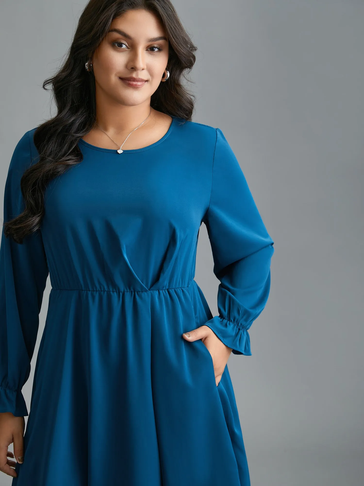 Ruffle Cuff Elastic Waist Split Hem Dress sold by Bloomchic product image thumbnail 4