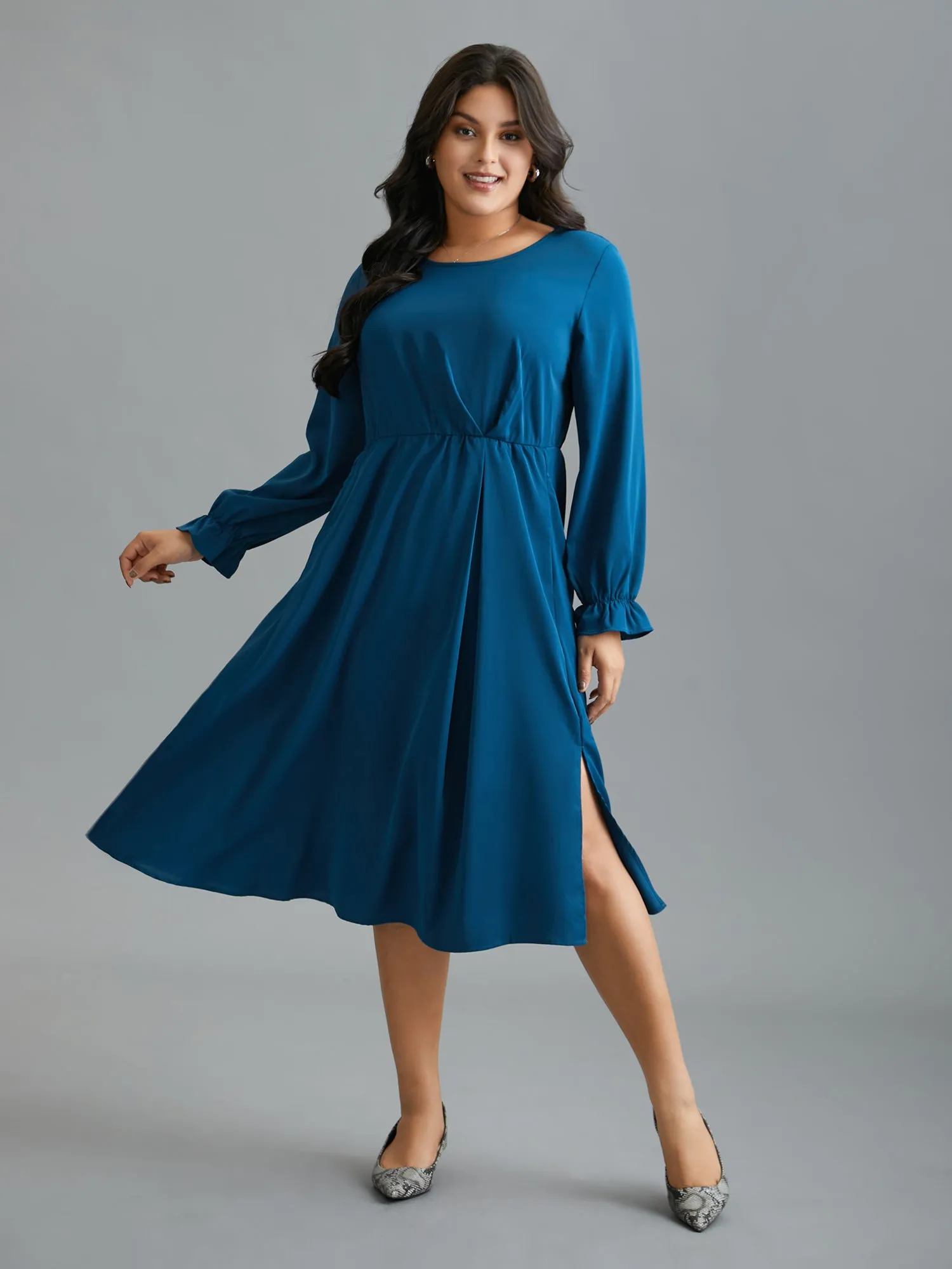 Ruffle Cuff Elastic Waist Split Hem Dress sold by Bloomchic product image thumbnail 2