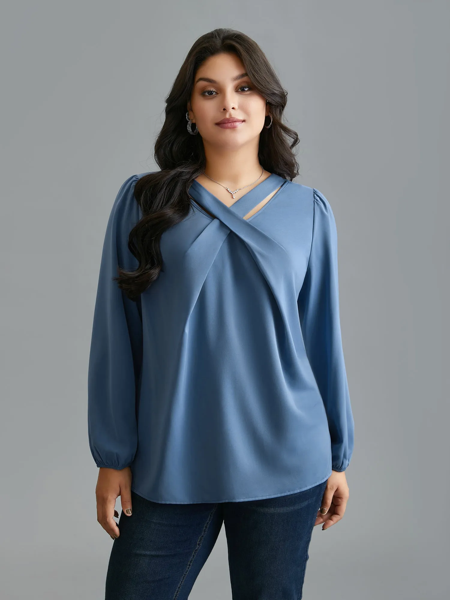 Criss Cross Neckline Puff Sleeve Gathered Blouse sold by Bloomchic product image thumbnail 3