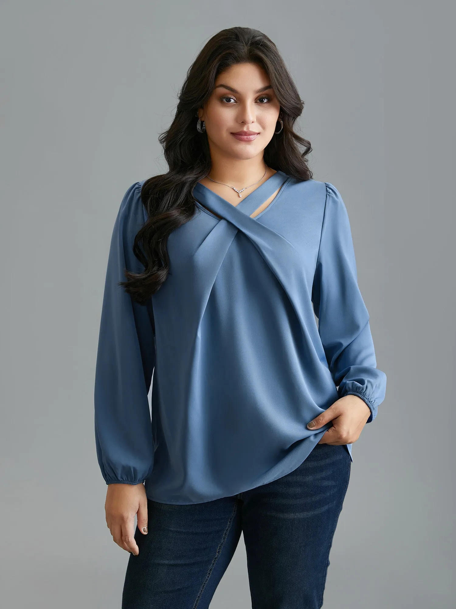 Criss Cross Neckline Puff Sleeve Gathered Blouse sold by Bloomchic