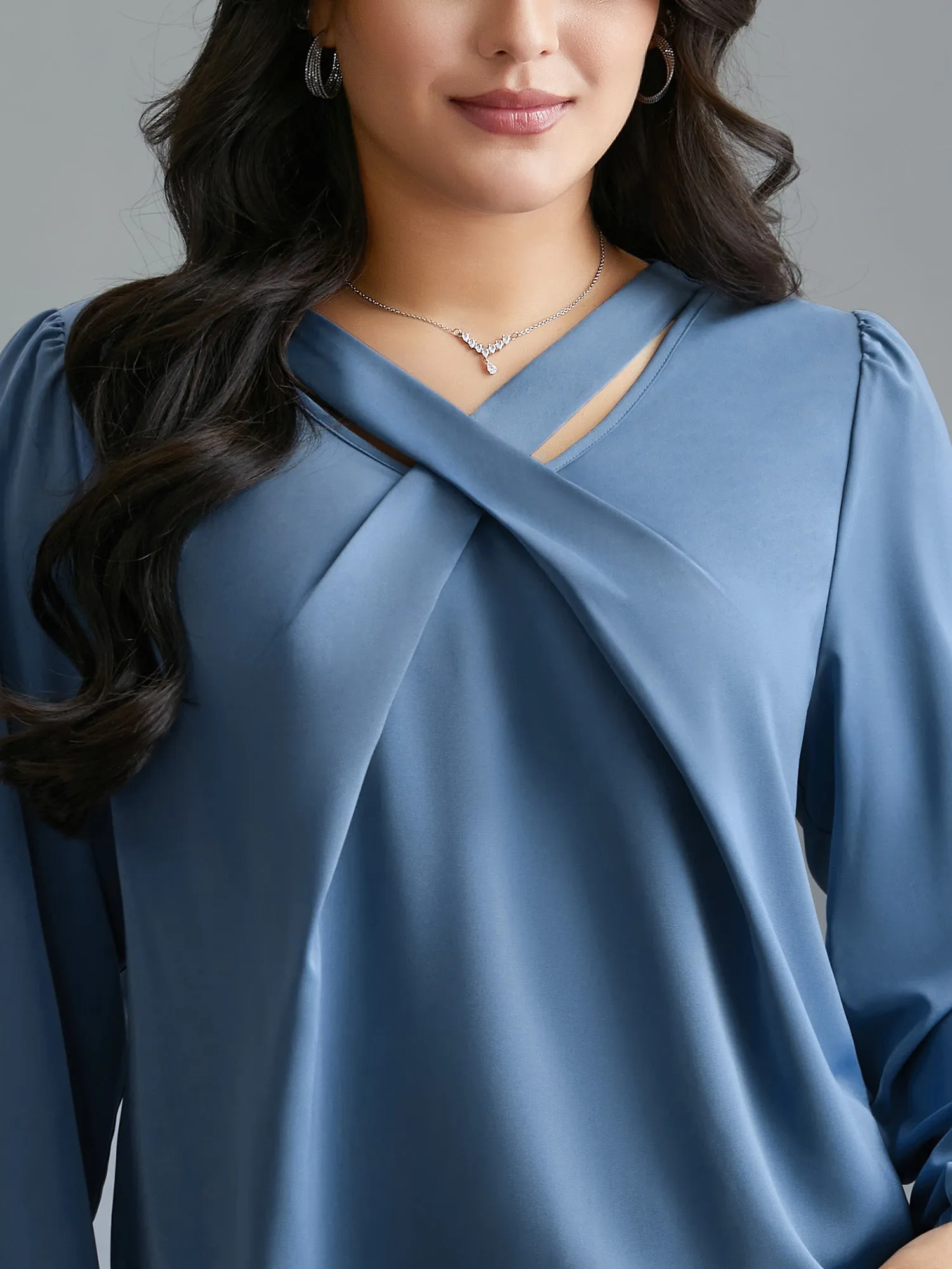 Criss Cross Neckline Puff Sleeve Gathered Blouse sold by Bloomchic product image thumbnail 5