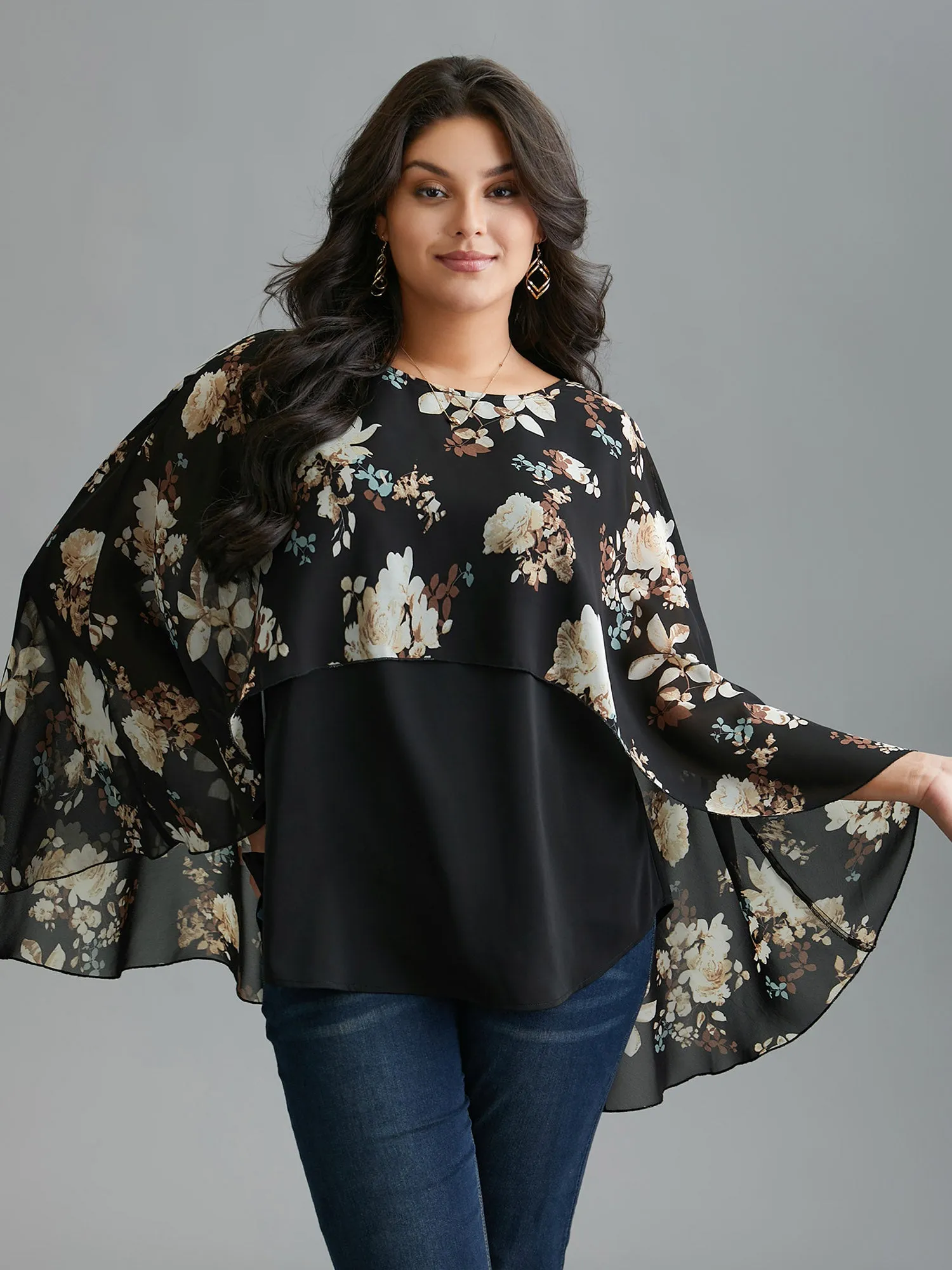 Floral Chiffon High Low Hem Ruffles Blouse sold by Bloomchic