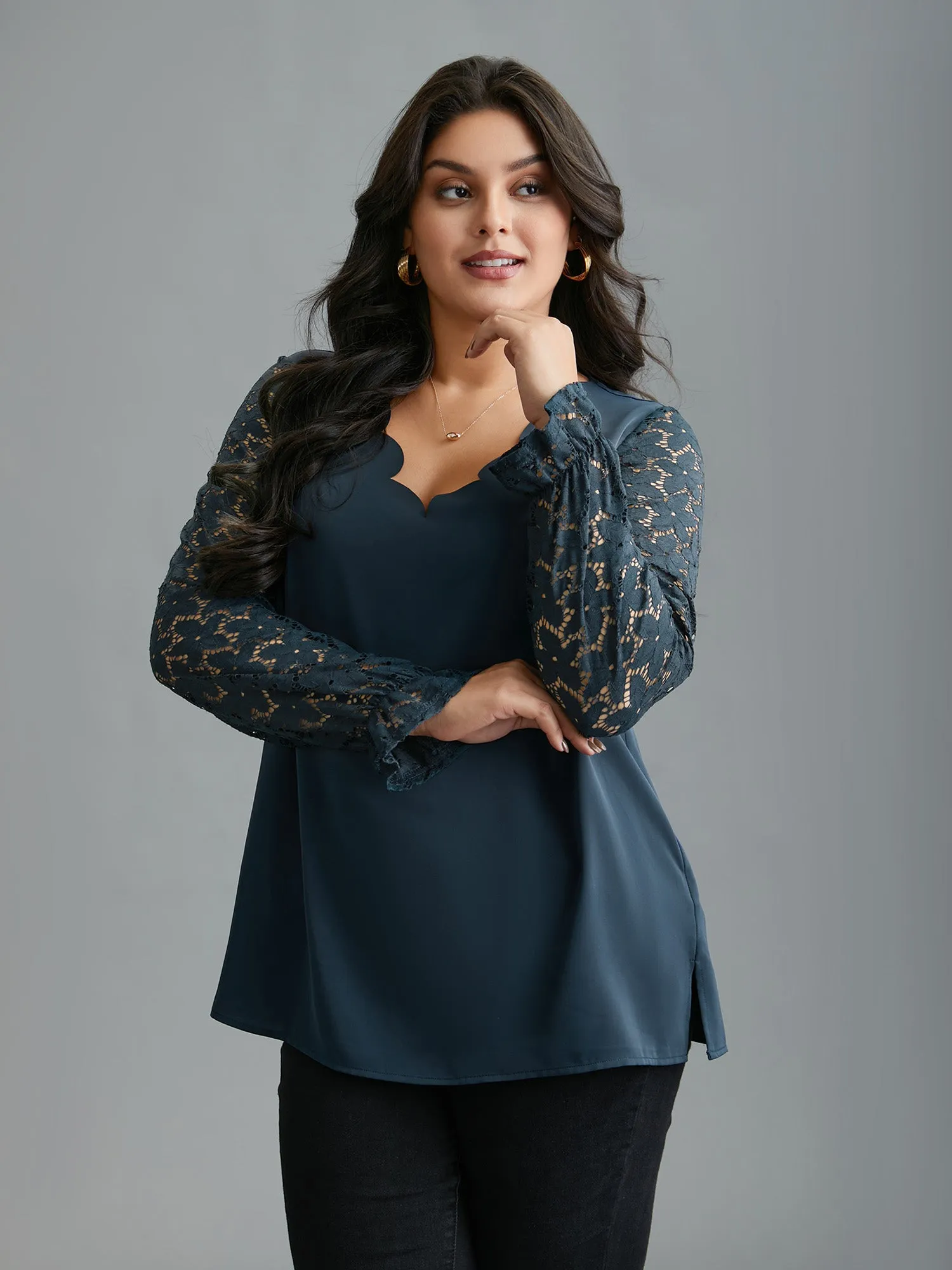 Sheer Floral Sleeve Scalloped Neck Shirt sold by Bloomchic product image thumbnail 4