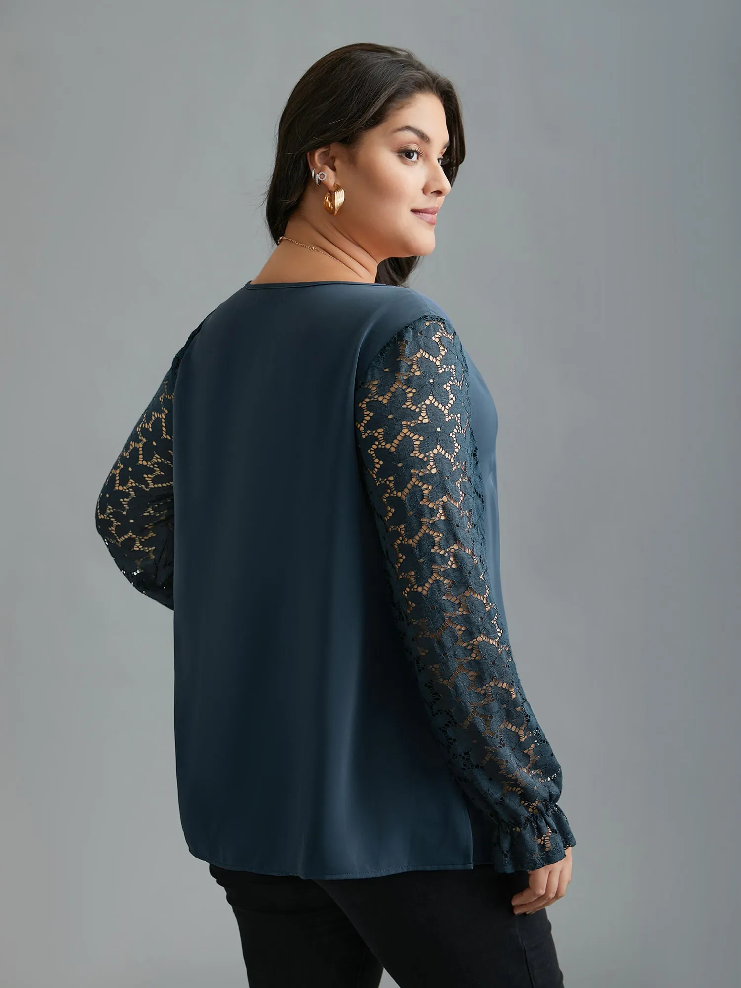 Sheer Floral Sleeve Scalloped Neck Shirt sold by Bloomchic product image thumbnail 5