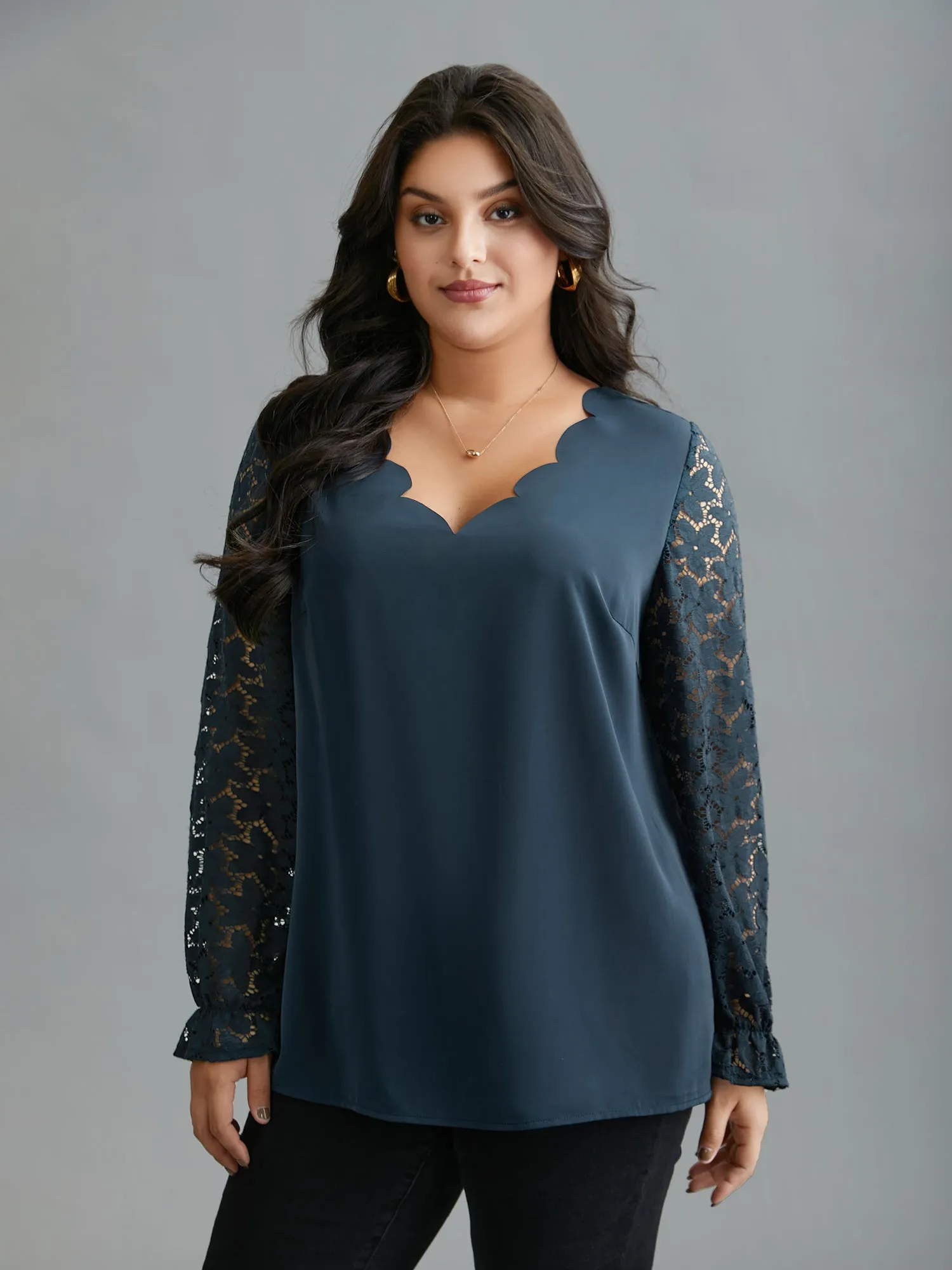 Sheer Floral Sleeve Scalloped Neck Shirt sold by Bloomchic product image thumbnail 3