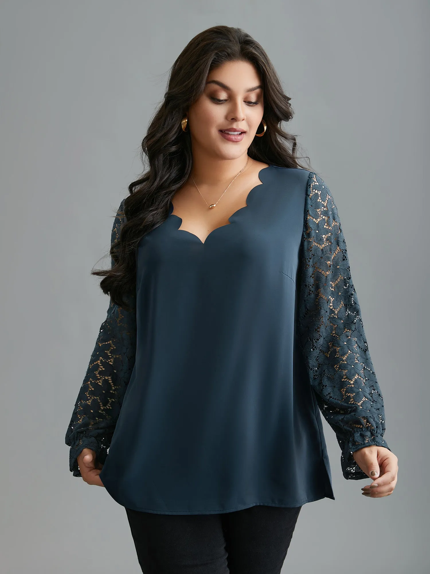 Sheer Floral Sleeve Scalloped Neck Shirt sold by Bloomchic product image thumbnail 2